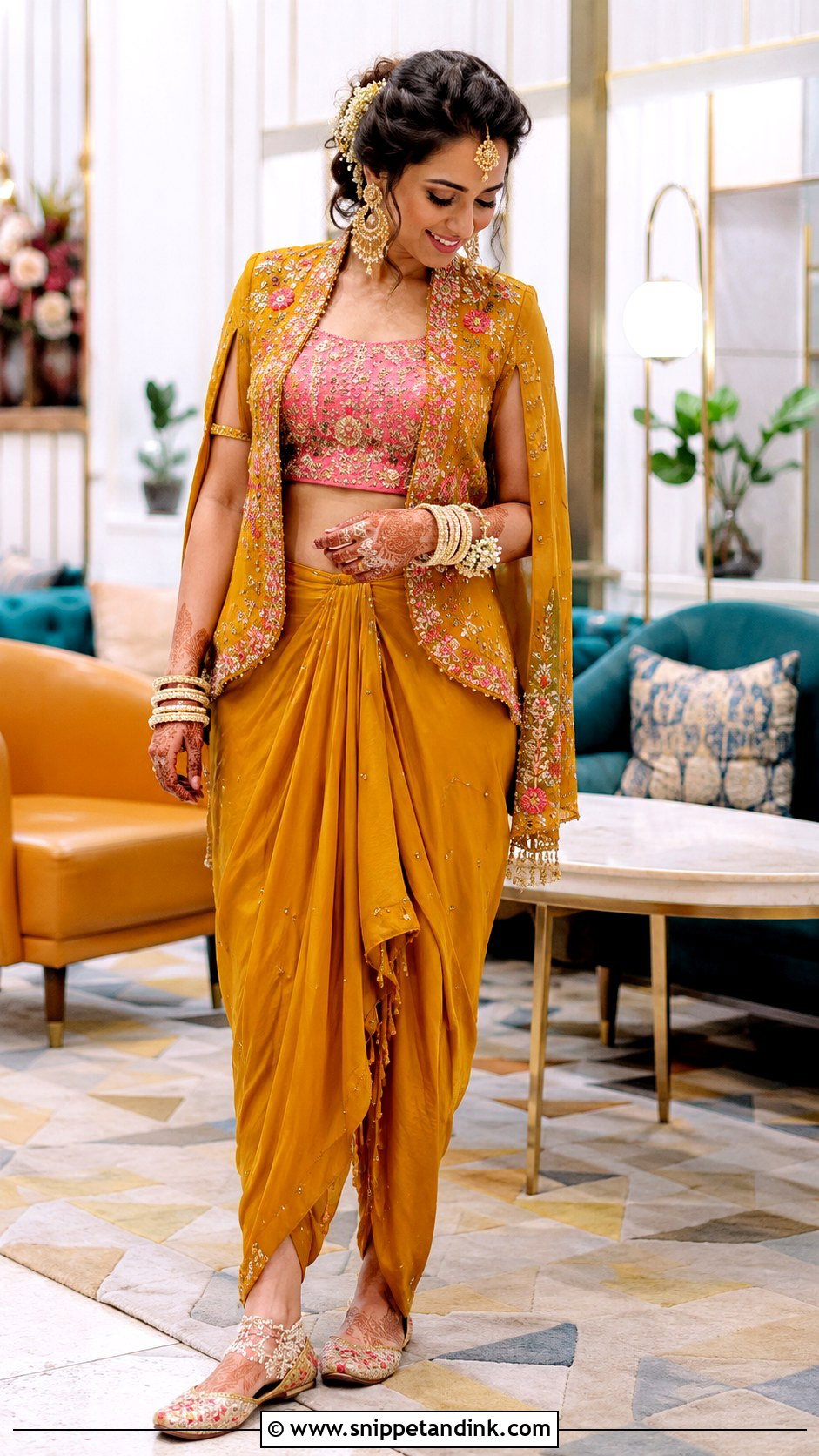 Mustard Dhoti Pant Mehandi Bridal Set - Snippet and Ink - 20 Mehandi Bridal Dress Ideas