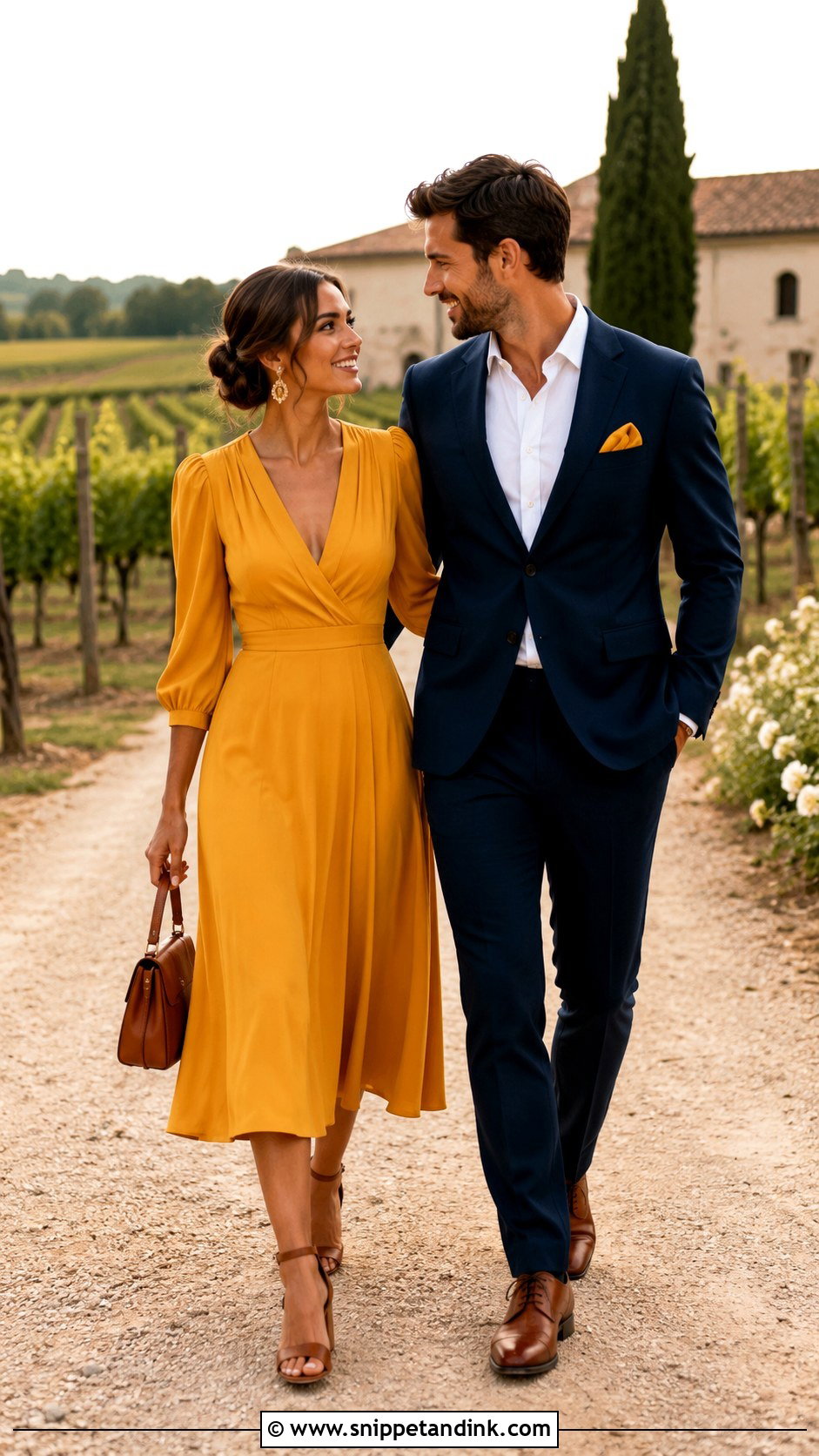 Mustard Dress and Navy Suit Wedding Couple Outfit - Snippet and Ink - 20 Matching Couple Outfits for Wedding