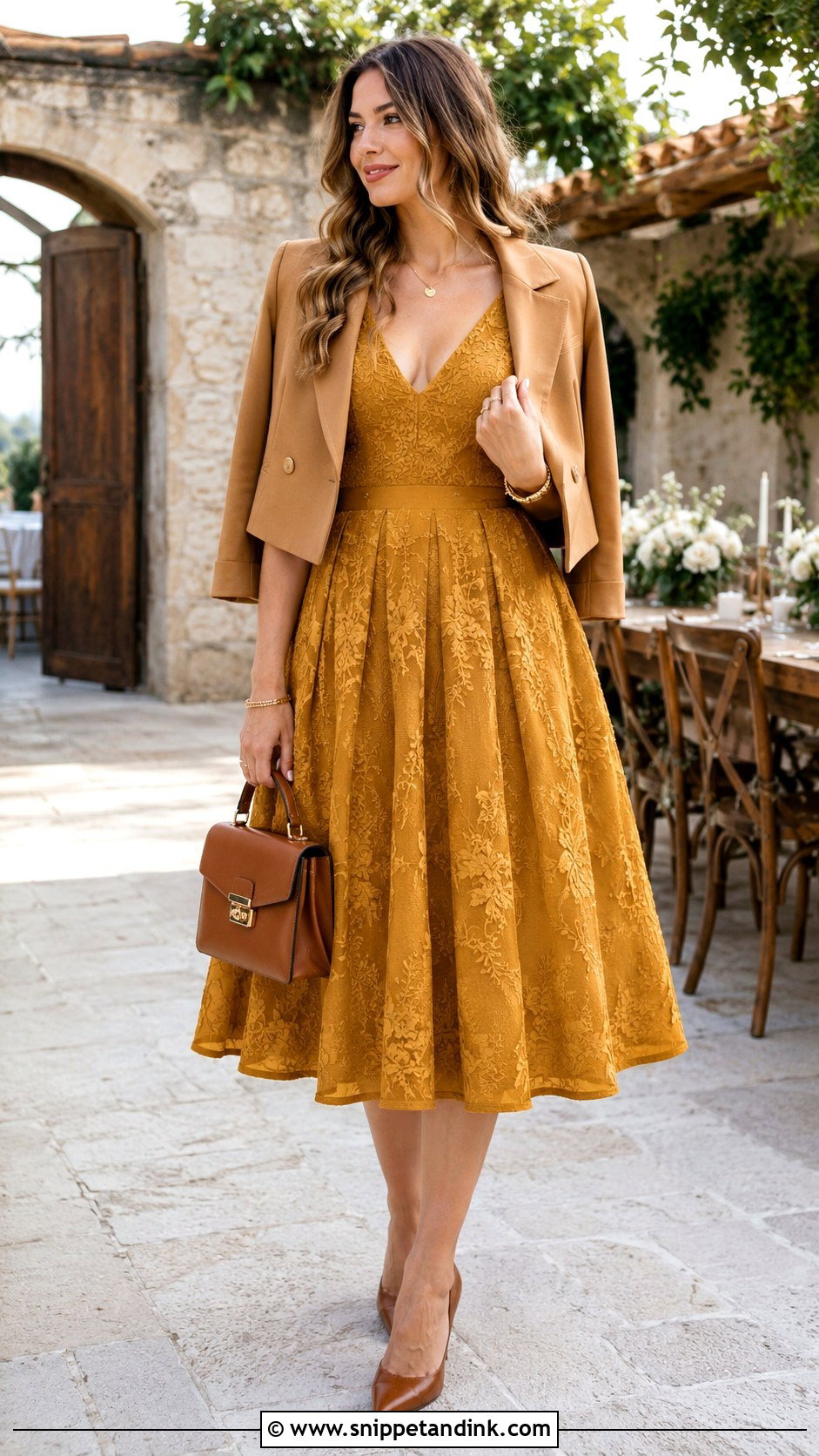 Mustard Fit And Flare Dress With Cognac Heels - Snippet and Ink - 20 Mustard Dress Wedding Outfit Ideas