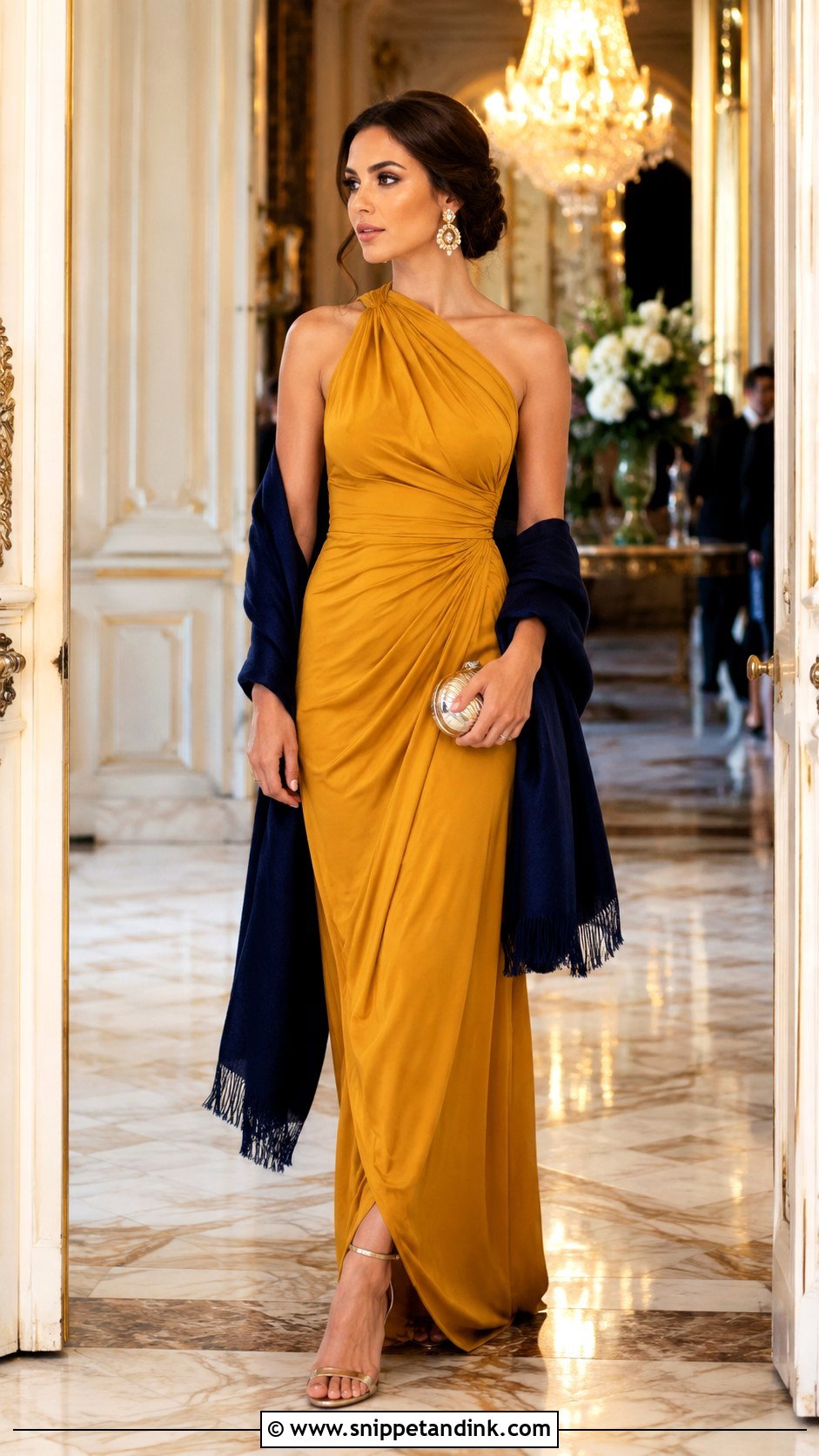 Mustard Formal Gown With Gold Accessories - Snippet and Ink - 20 Mustard Dress Wedding Outfit Ideas
