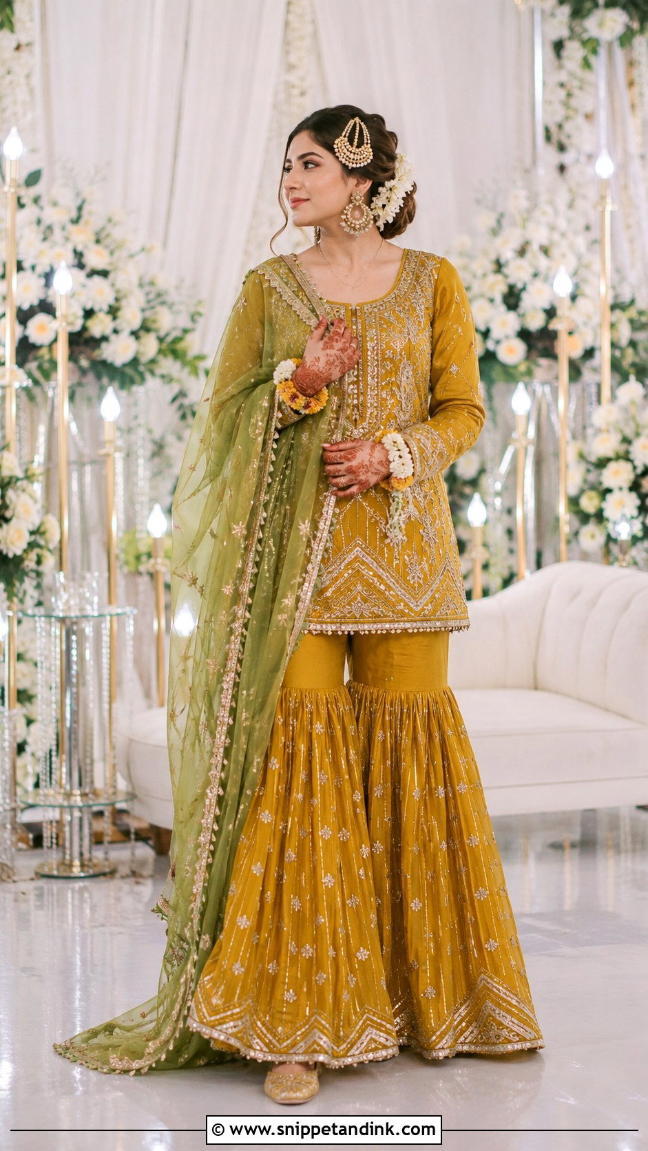 Mustard Gharara Mehandi Night Dress - Snippet and Ink - 20 Mehandi Night Dress for Bride Ideas