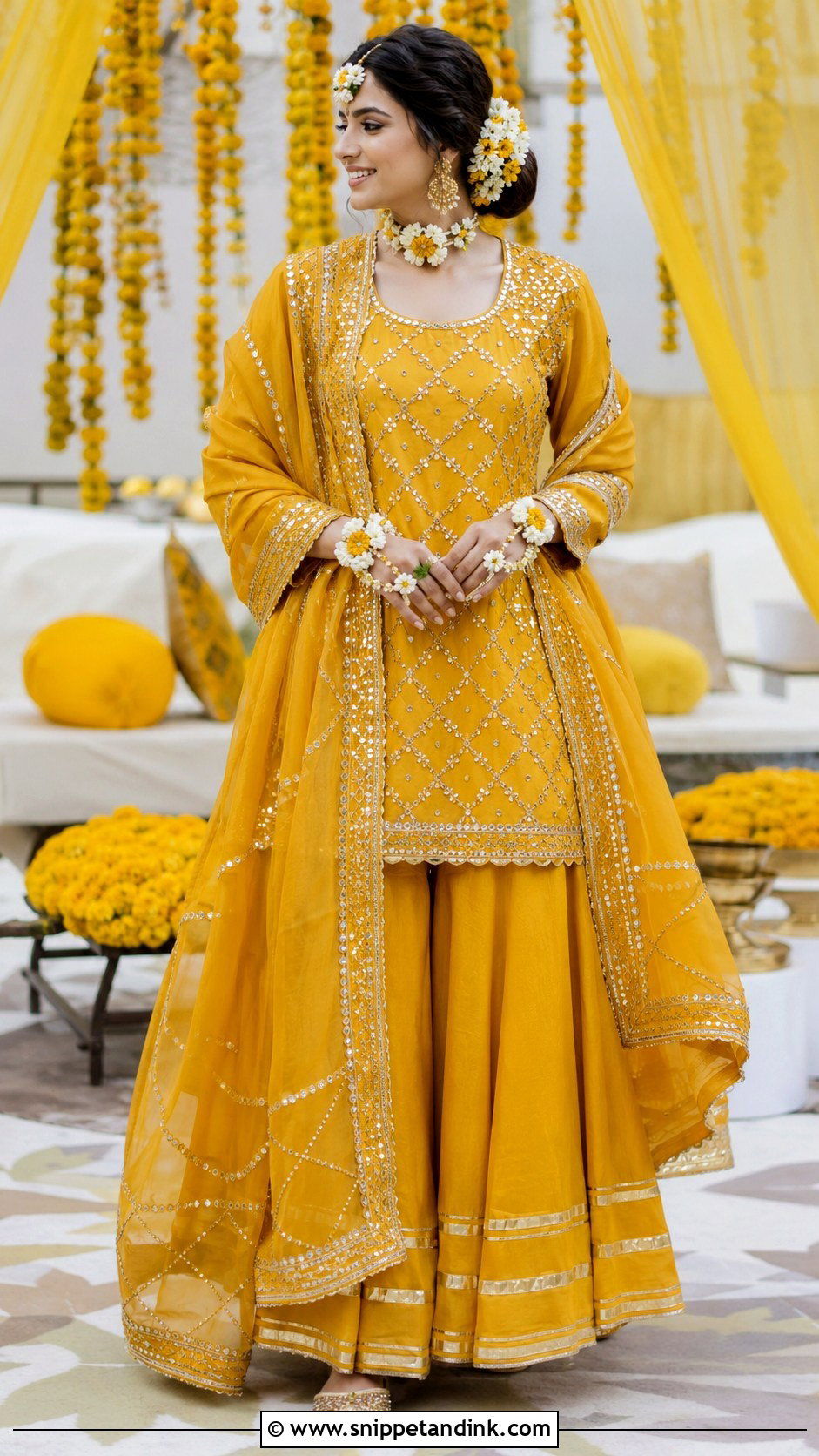 Mustard Gota Patti Sharara Haldi Bride Outfit - Snippet and Ink - 20 Haldi Mehndi Outfit for Bride Ideas