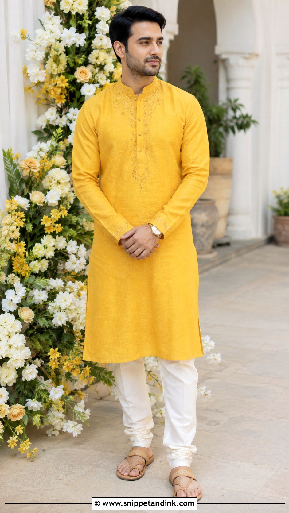 Mustard Haldi Kurta With Ivory Churidar - Snippet and Ink - 20 Haldi Outfit for Bride Brother Ideas