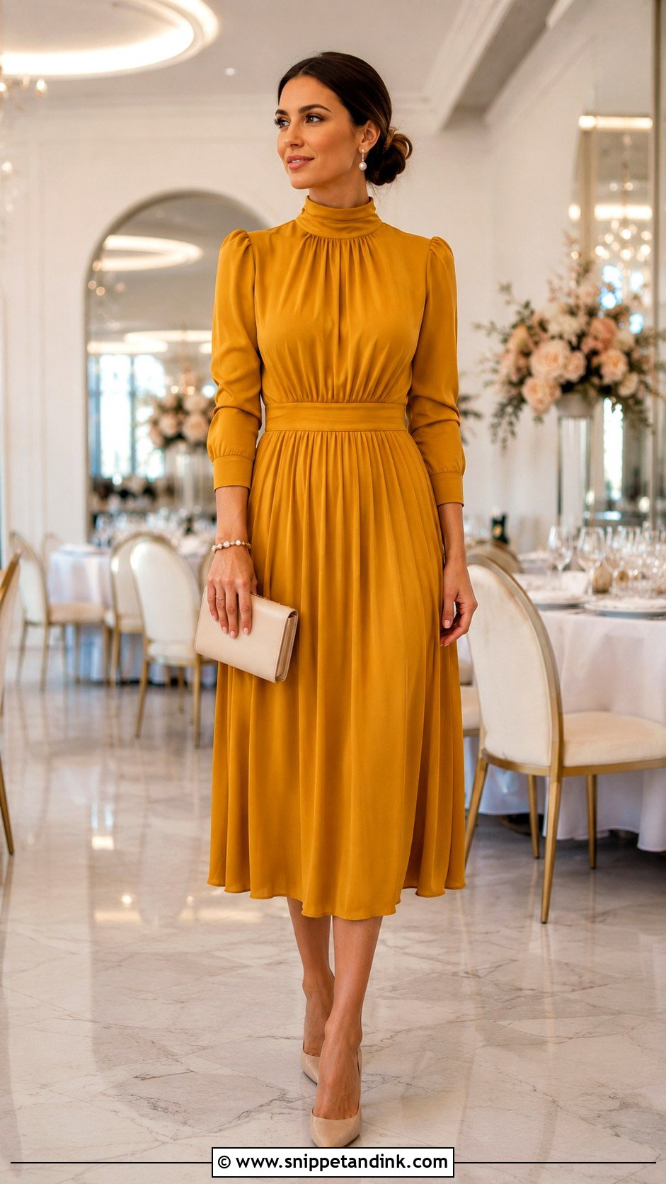 Mustard High Neck Dress With Pearl Accessories - Snippet and Ink - 20 Mustard Dress Wedding Outfit Ideas