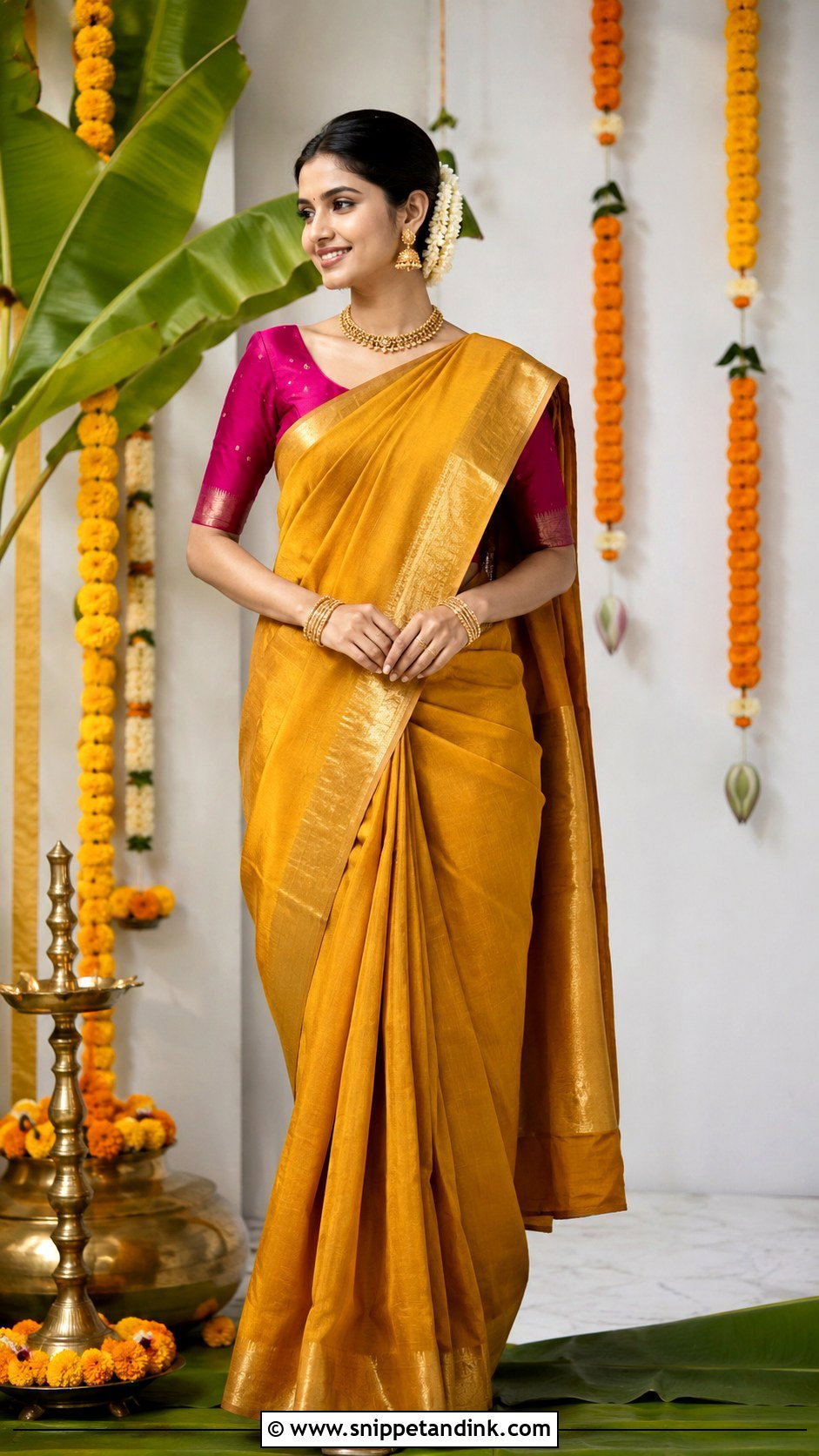 Mustard Kanjeevaram Saree Haldi Outfit - Snippet and Ink - 25 South Indian Haldi Outfit Ideas
