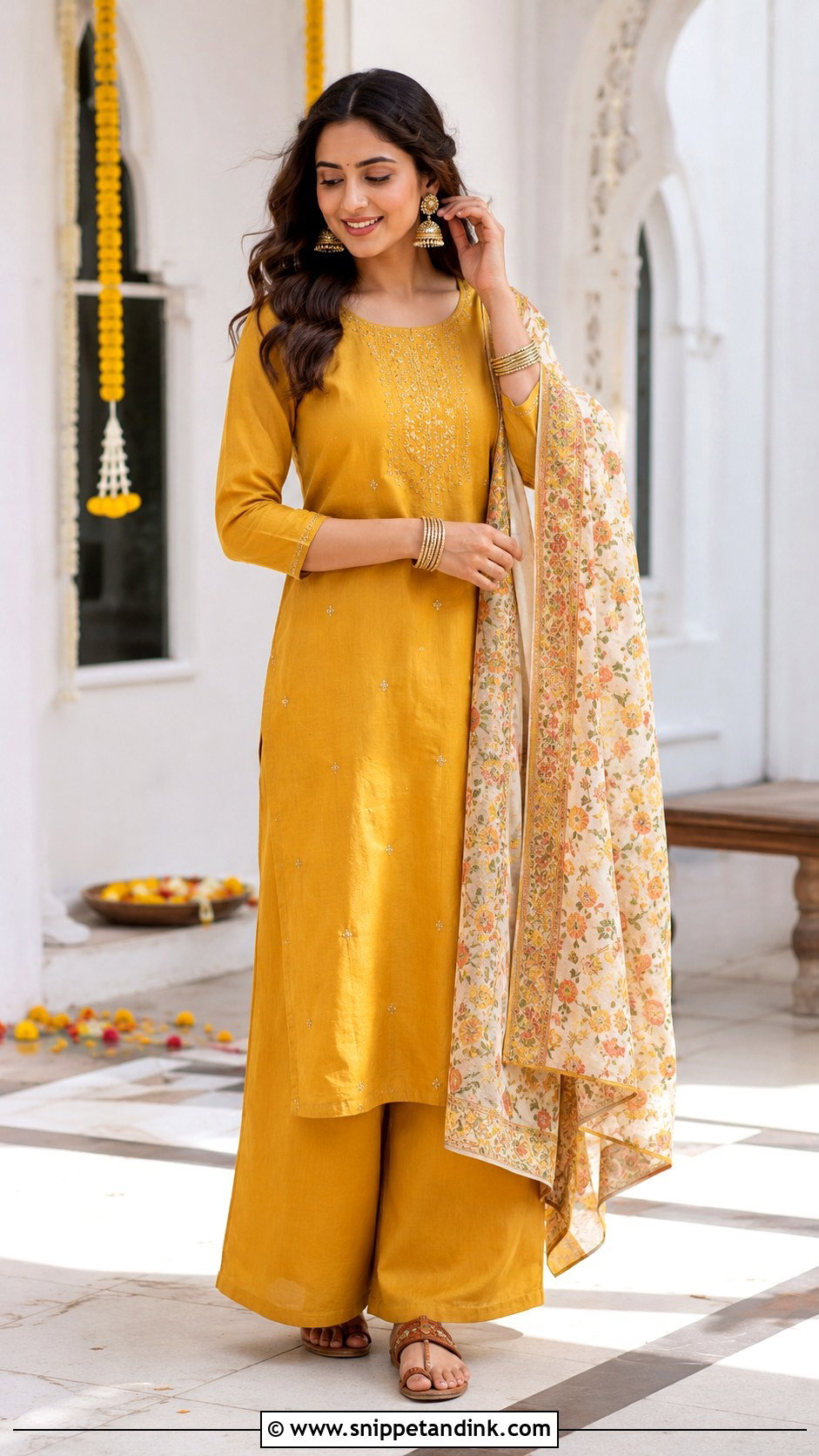 Mustard Kurta And Palazzo Haldi Outfit - Snippet and Ink - 25 Outfit for Haldi Function Ideas