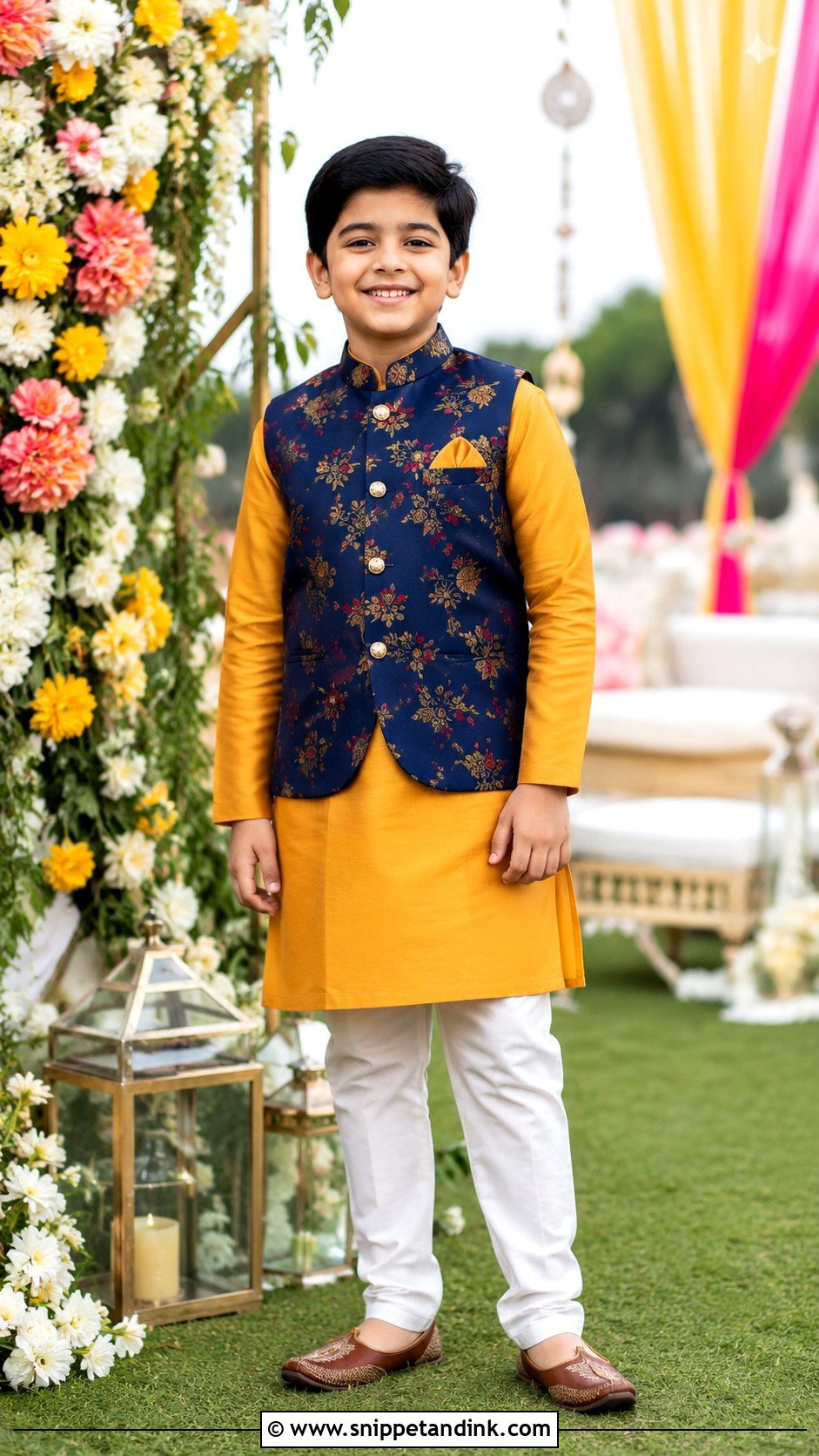 Mustard Kurta Pajama With Printed Waistcoat - Snippet and Ink - 20 Kurta for Boys Wedding Ideas