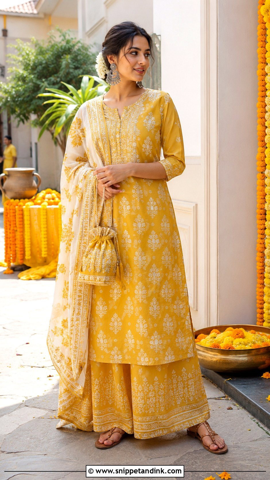 Mustard Kurta Palazzo Haldi Outfit - Snippet and Ink - 20 Haldi Ceremony Outfit for Girls Ideas