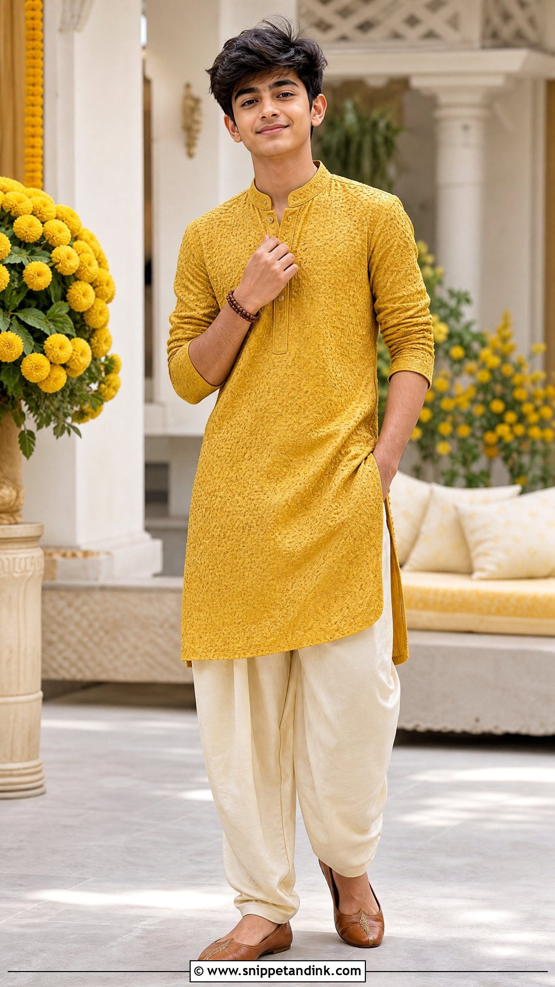 Mustard Kurta With Cream Pajama Haldi Outfit - Snippet and Ink - 20 Boys Haldi Outfit Ideas