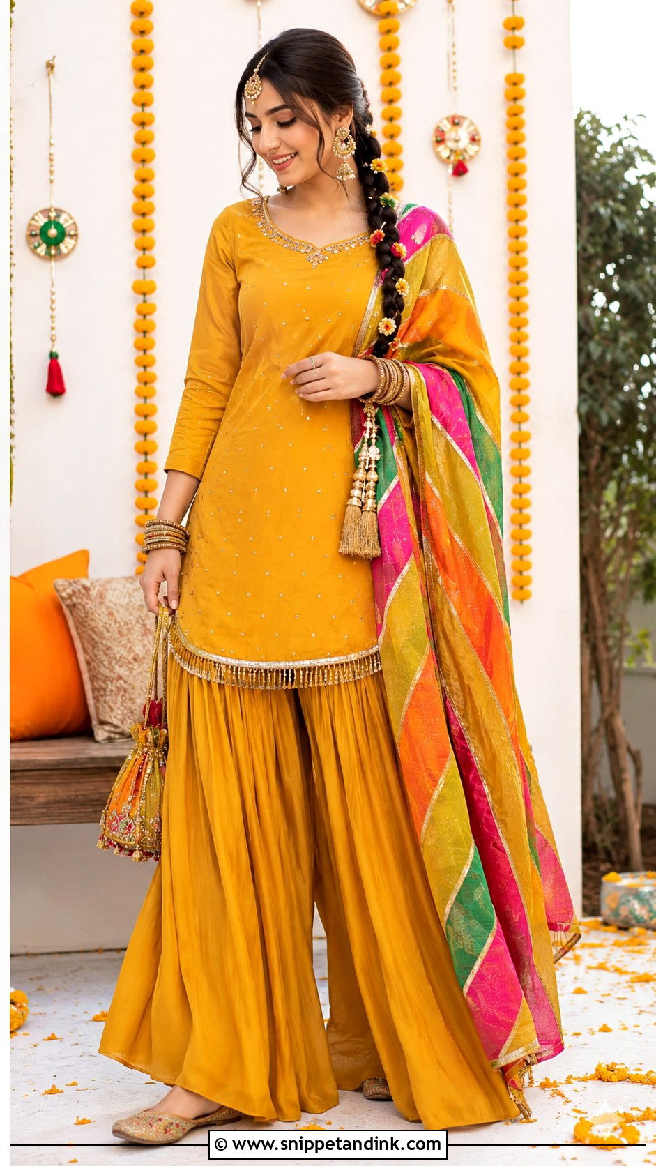 Mustard Kurta With Farshi Shalwar Outfit - Snippet and Ink - 30 Pakistani Wedding Outfits Sisters