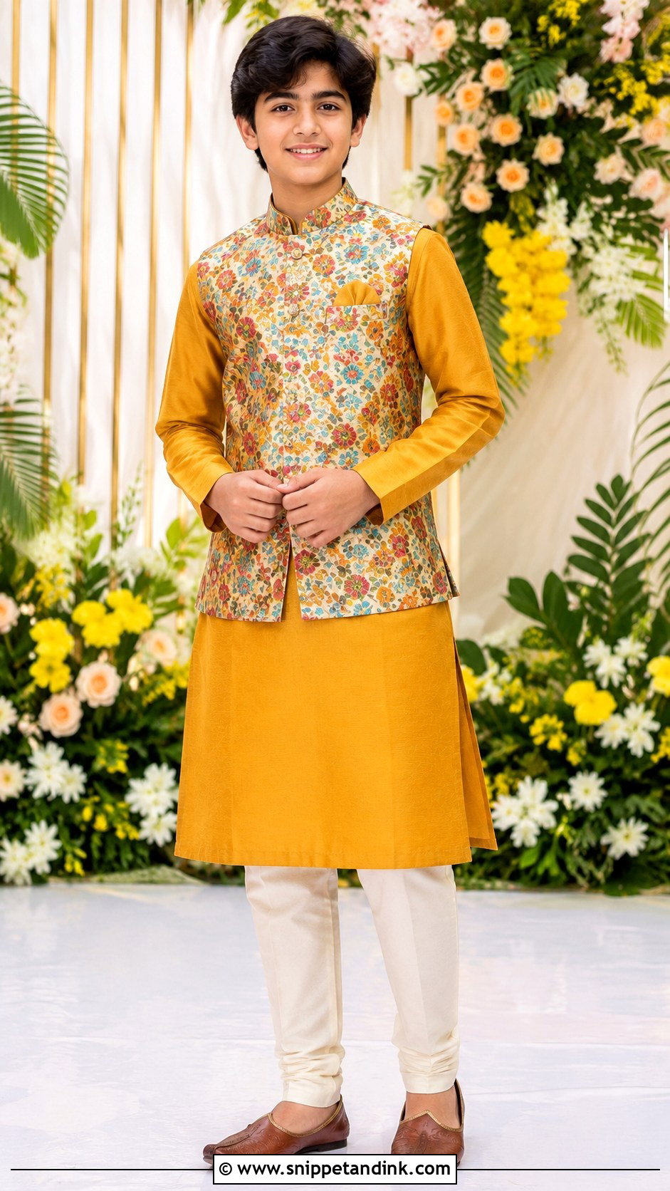 Mustard Kurta With Floral Nehru Jacket - Snippet and Ink - 20 Boys Sangeet Outfit Ideas