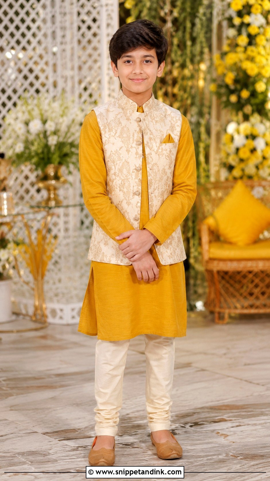 Mustard Kurta With Nehru Jacket For Boys - Snippet and Ink - 25 Mehndi Dress for Boys Ideas