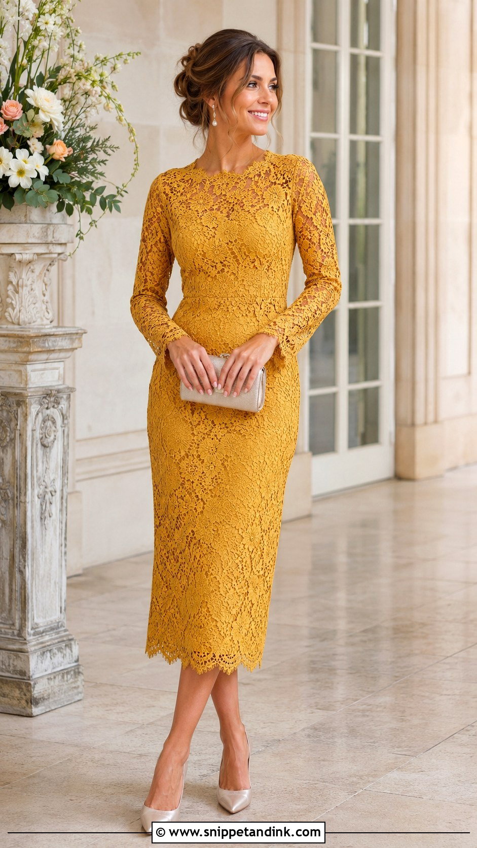 Mustard Lace Midi Dress With Champagne Heels - Snippet and Ink - 20 Mustard Dress Wedding Outfit Ideas