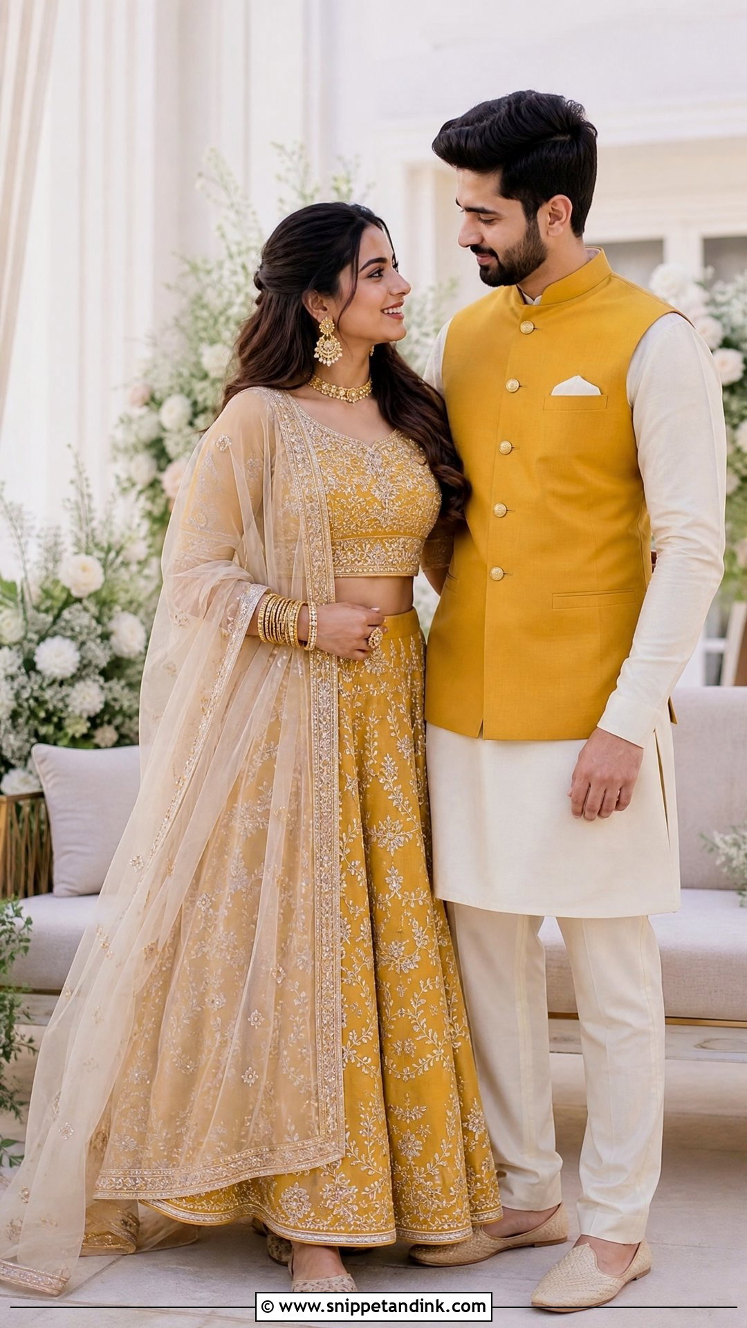 Mustard Lehenga And Cream Kurta Set - Snippet and Ink - 20 Ring Ceremony Couple Dress Ideas