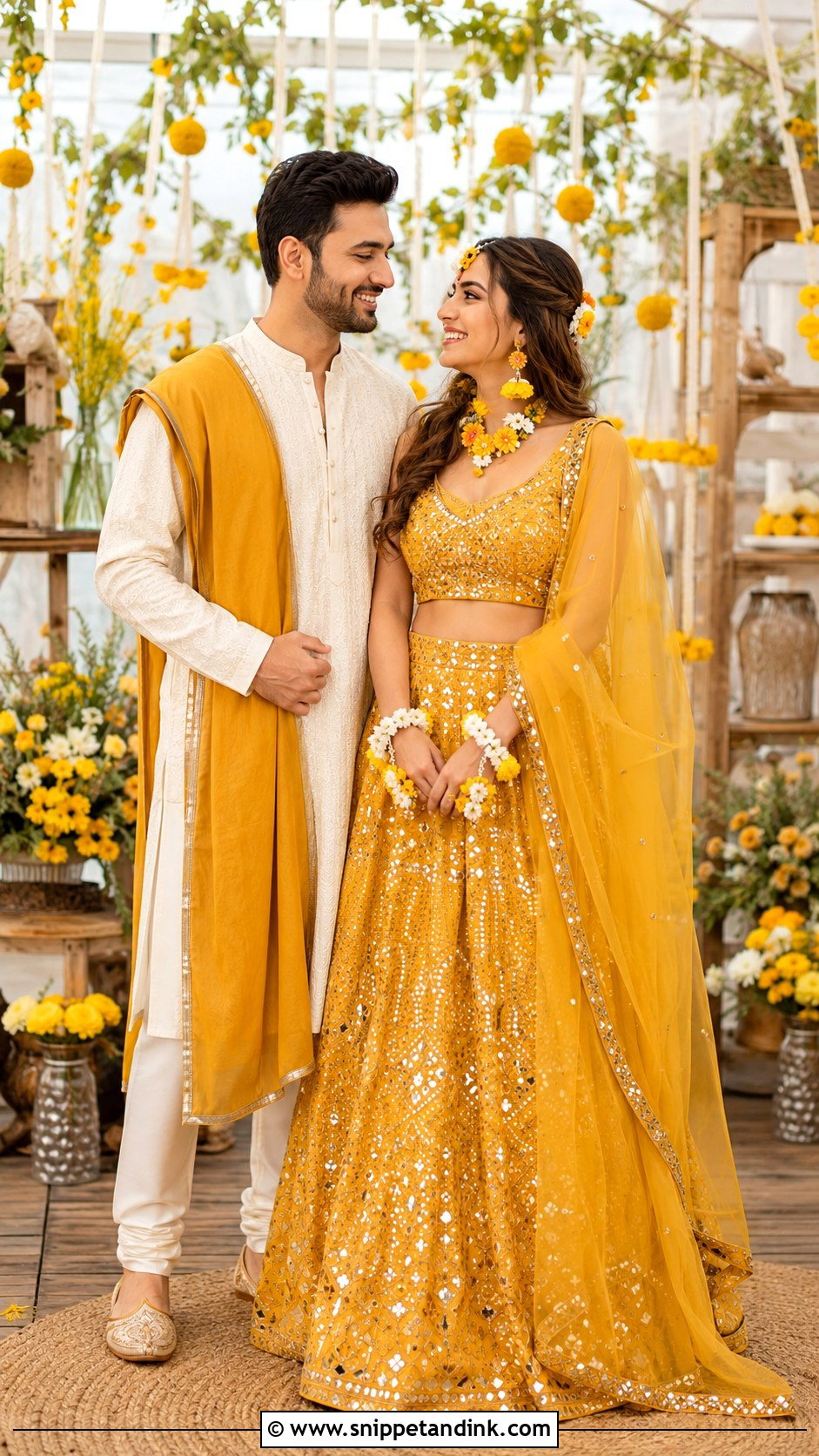Mustard Lehenga And Ivory Kurta Haldi Couple Outfit - Snippet and Ink - 25 Haldi Couple Outfits