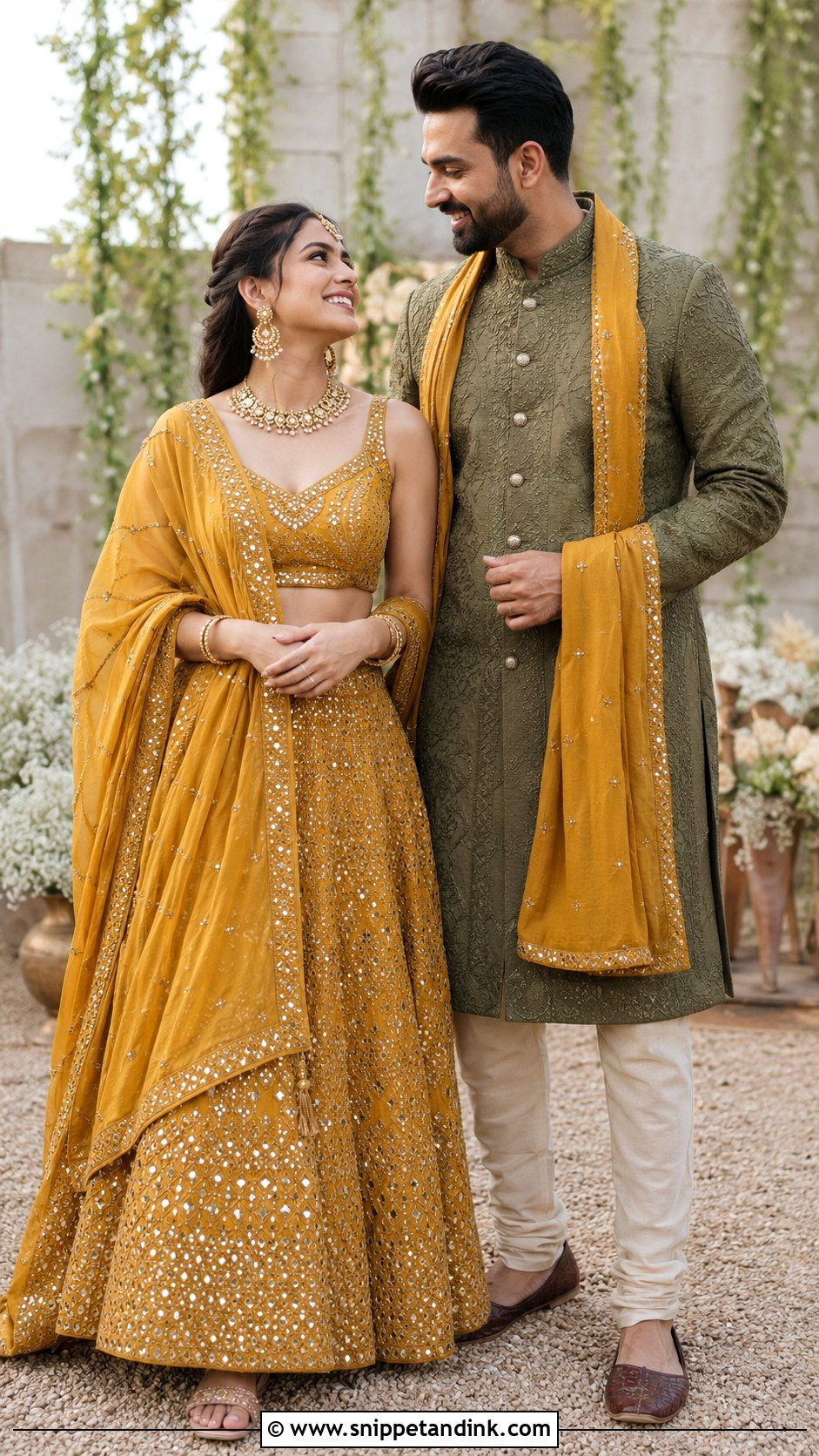 Mustard Lehenga And Olive Sherwani Wedding Couple Dress Combination - Snippet and Ink - 25 Wedding Couple Dress Combination Ideas