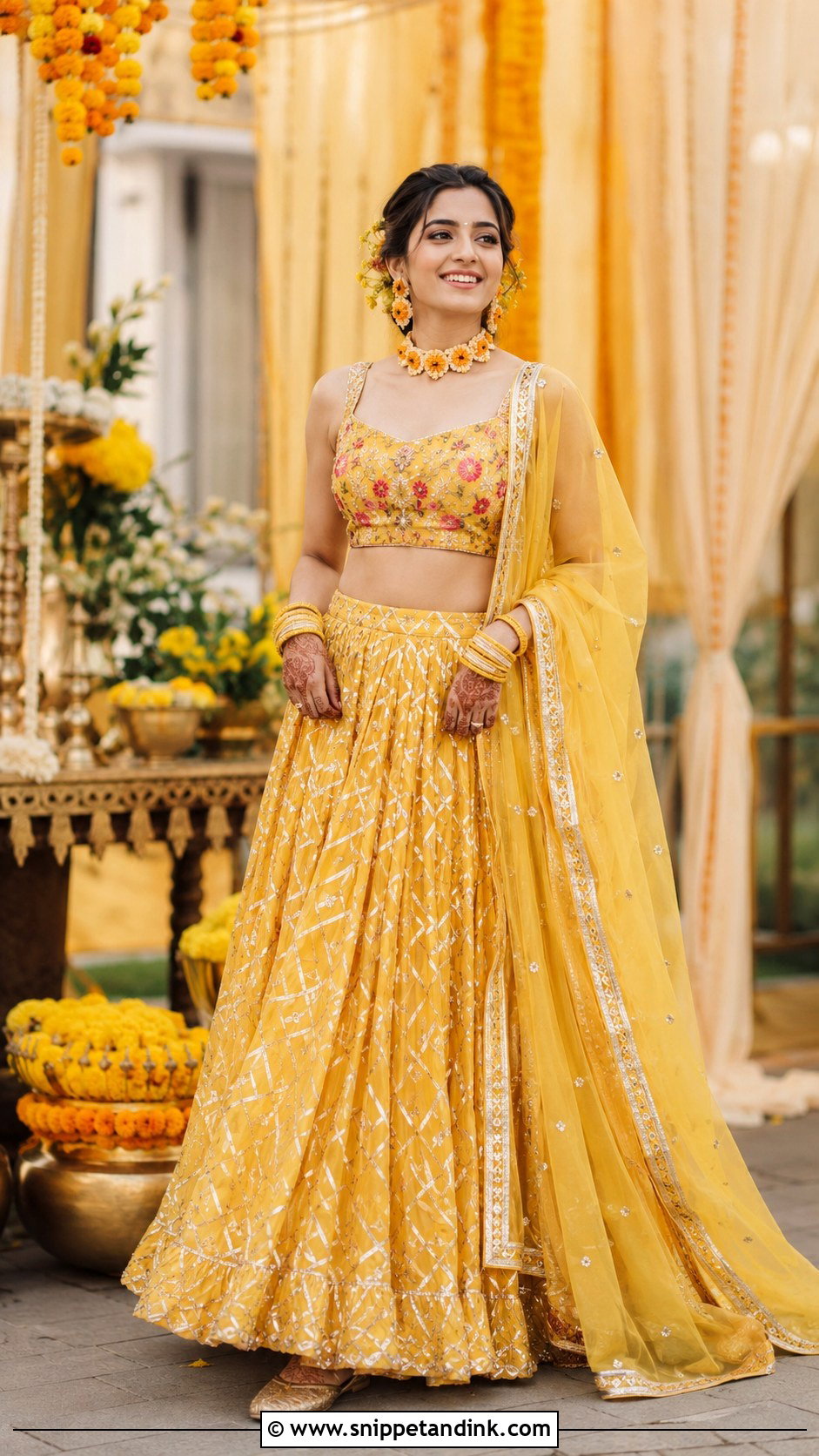 Mustard Lehenga Haldi Outfit - Snippet and Ink - 20 Haldi Traditional Outfit Ideas