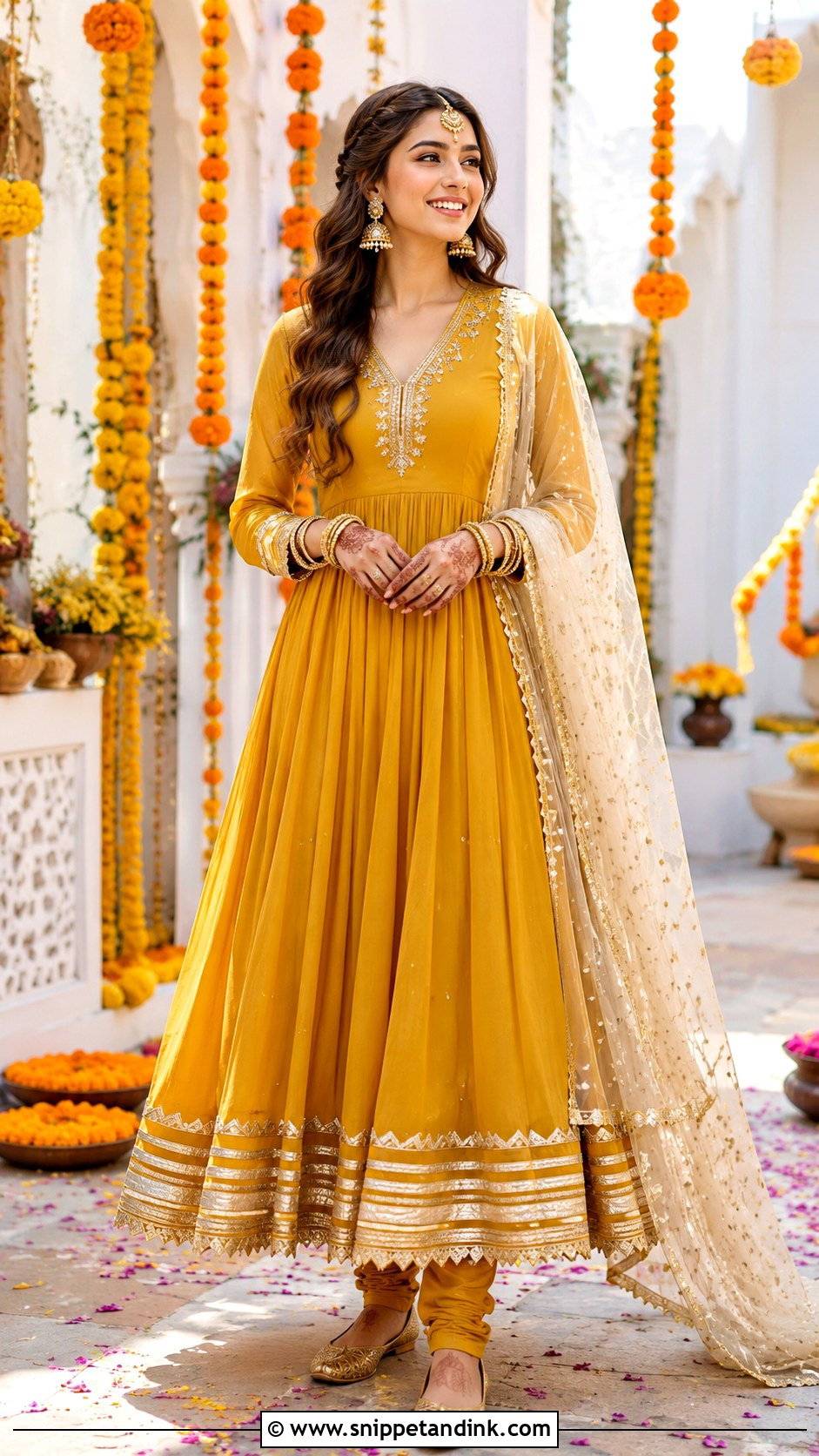 Mustard Mehndi Anarkali Outfit - Snippet and Ink - 30 Mehndi Outfit for Bride Ideas