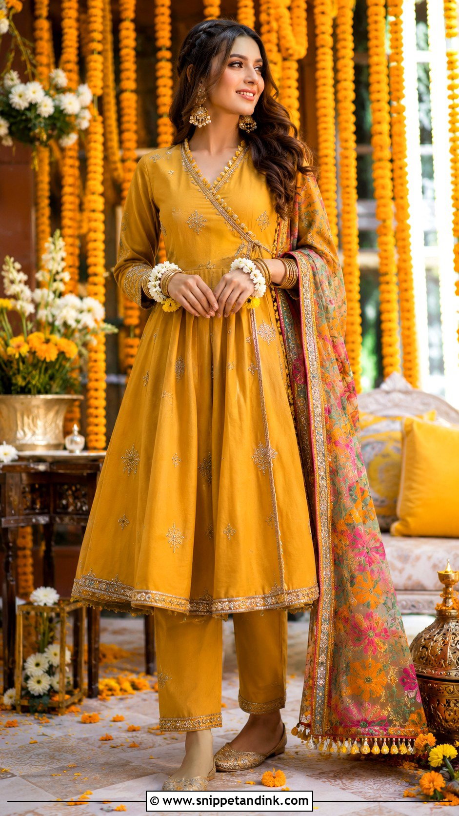 Mustard Mehndi Angrakha Dress - Snippet and Ink - 30 Pakistani Wedding Dress Ideas