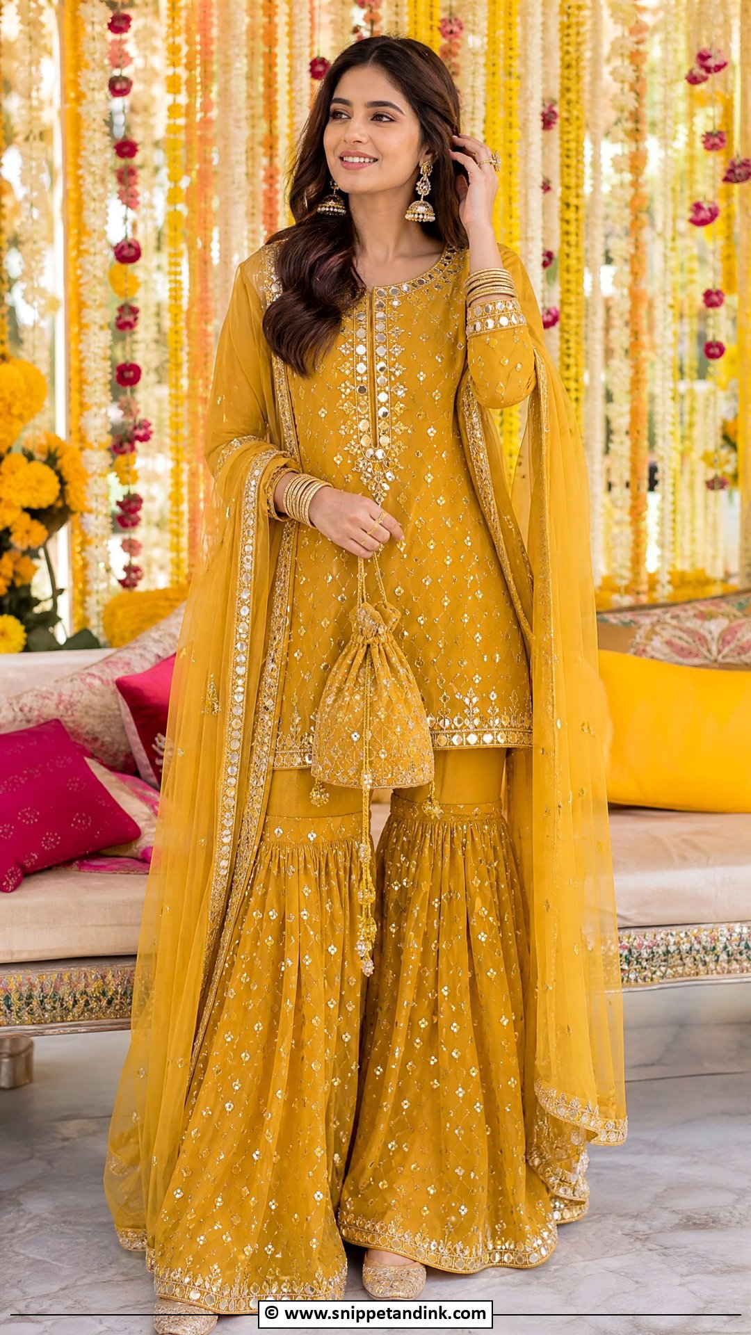 Mustard Mehndi Gharara With Mirror Work - Snippet and Ink - 35 Mehndi Dresses