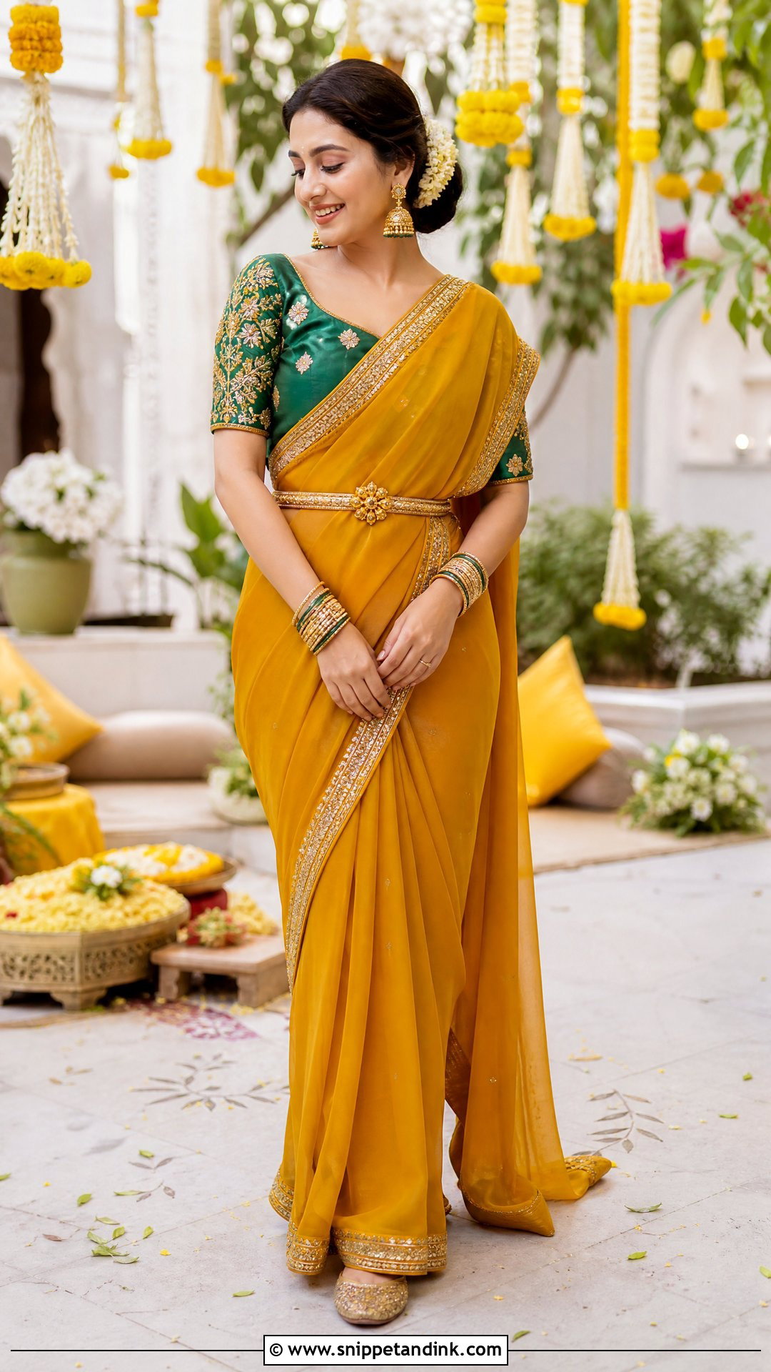 Mustard Mehndi Saree Outfit - Snippet and Ink - 25 Mehndi Outfits for Bride
