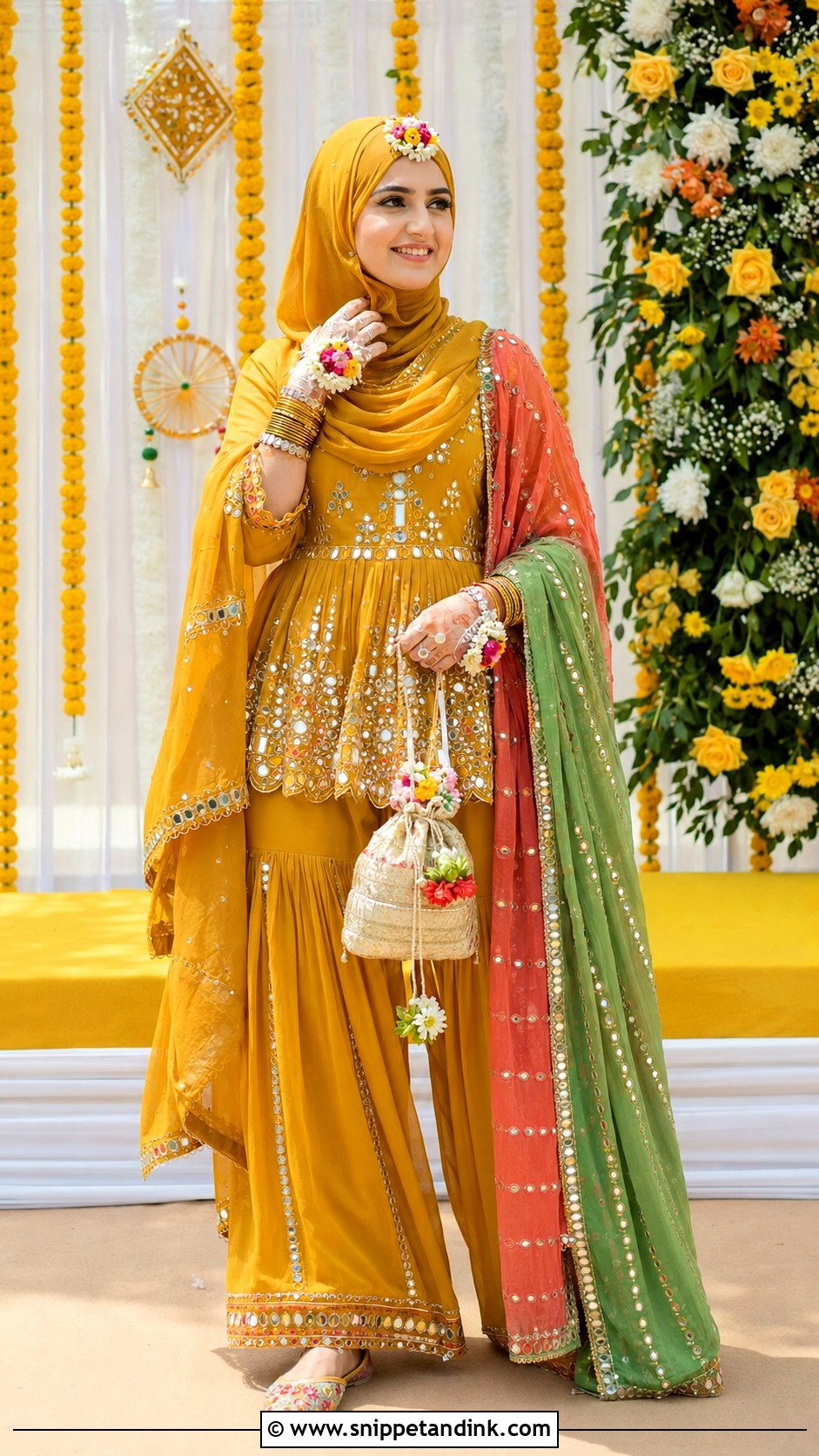Mustard Mehndi Sharara Bride - Snippet and Ink - 20 Desi Hijabi Bride Ideas