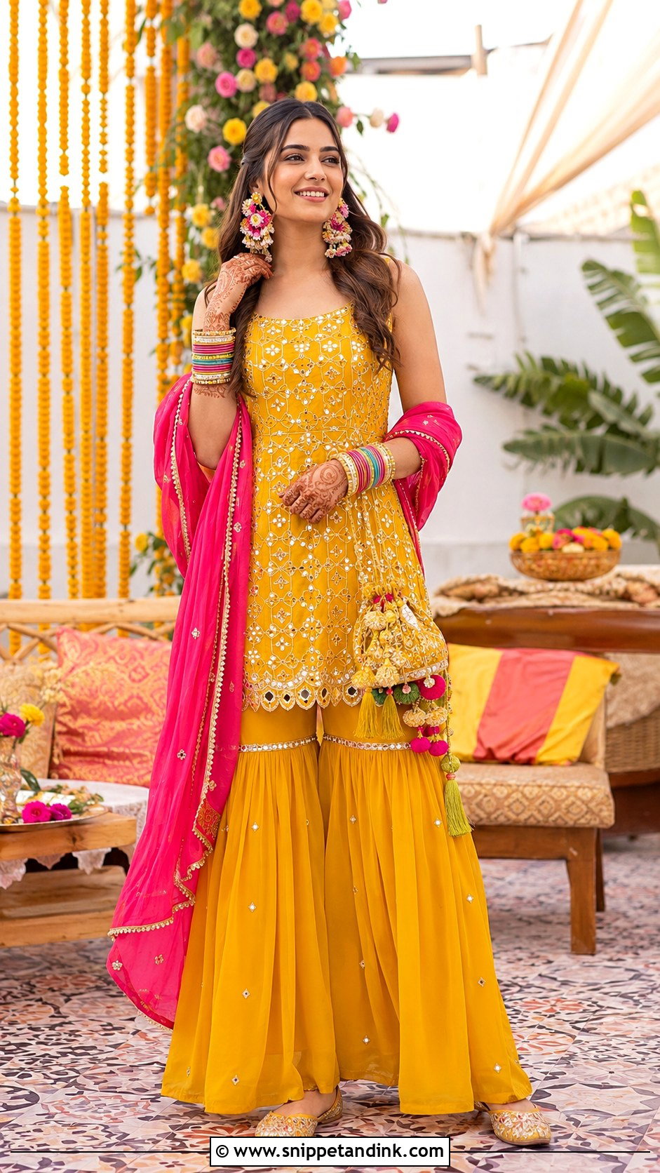 Mustard Mehndi Sharara With Mirror Work - Snippet and Ink - 20 Pakistani Sharara Designs for Wedding