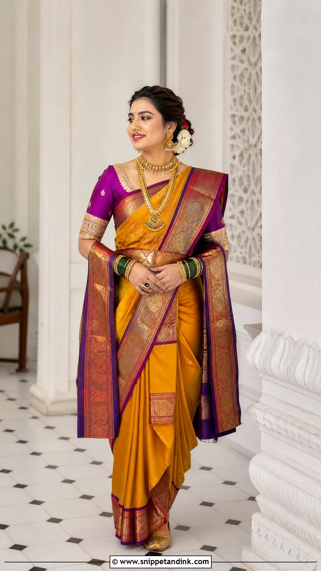 Mustard Nauwari Bride Look With Purple Blouse - Snippet and Ink - 25 Nauwari Bride Look Ideas