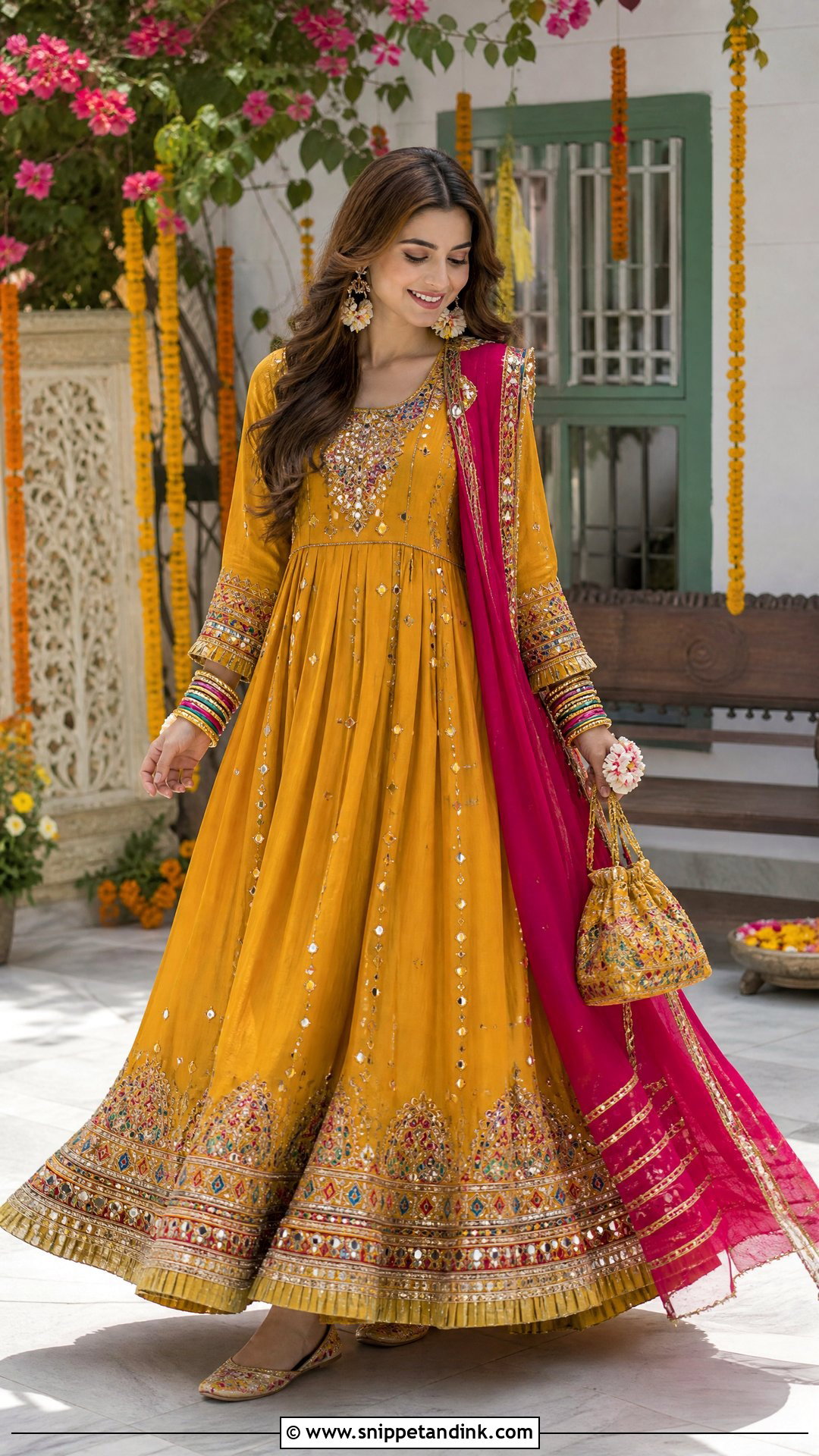 Mustard Pakistani Maxi With Mirror Work - Snippet and Ink - 20 Pakistani Maxi Designs for Wedding