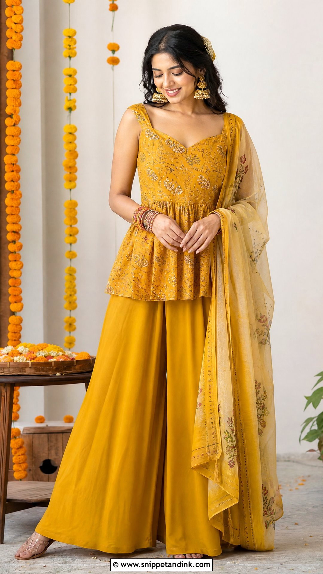 Mustard Palazzo Co Ord Haldi Outfit - Snippet and Ink - 25 Haldi Mehendi Outfit Ideas