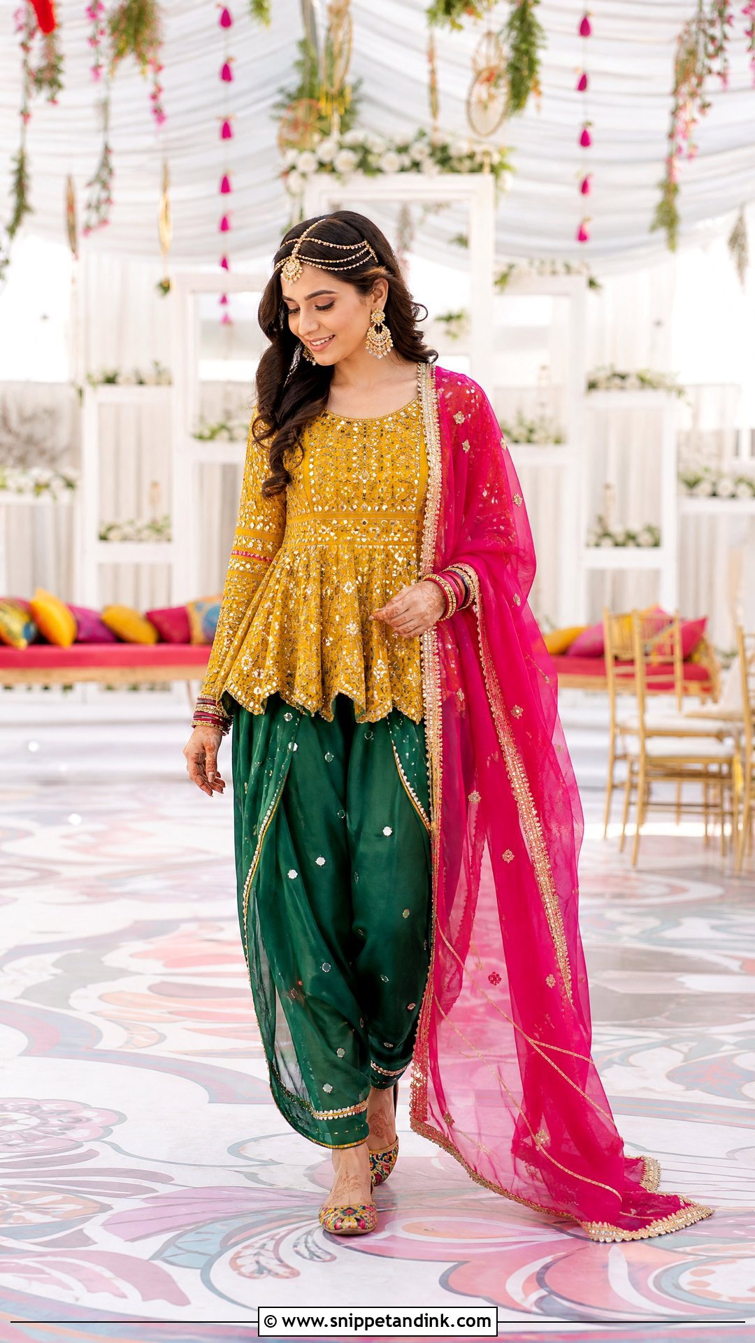 Mustard Peplum And Dhoti Pants - Snippet and Ink - 20 Pakistani Bridal Mehndi Dress Ideas