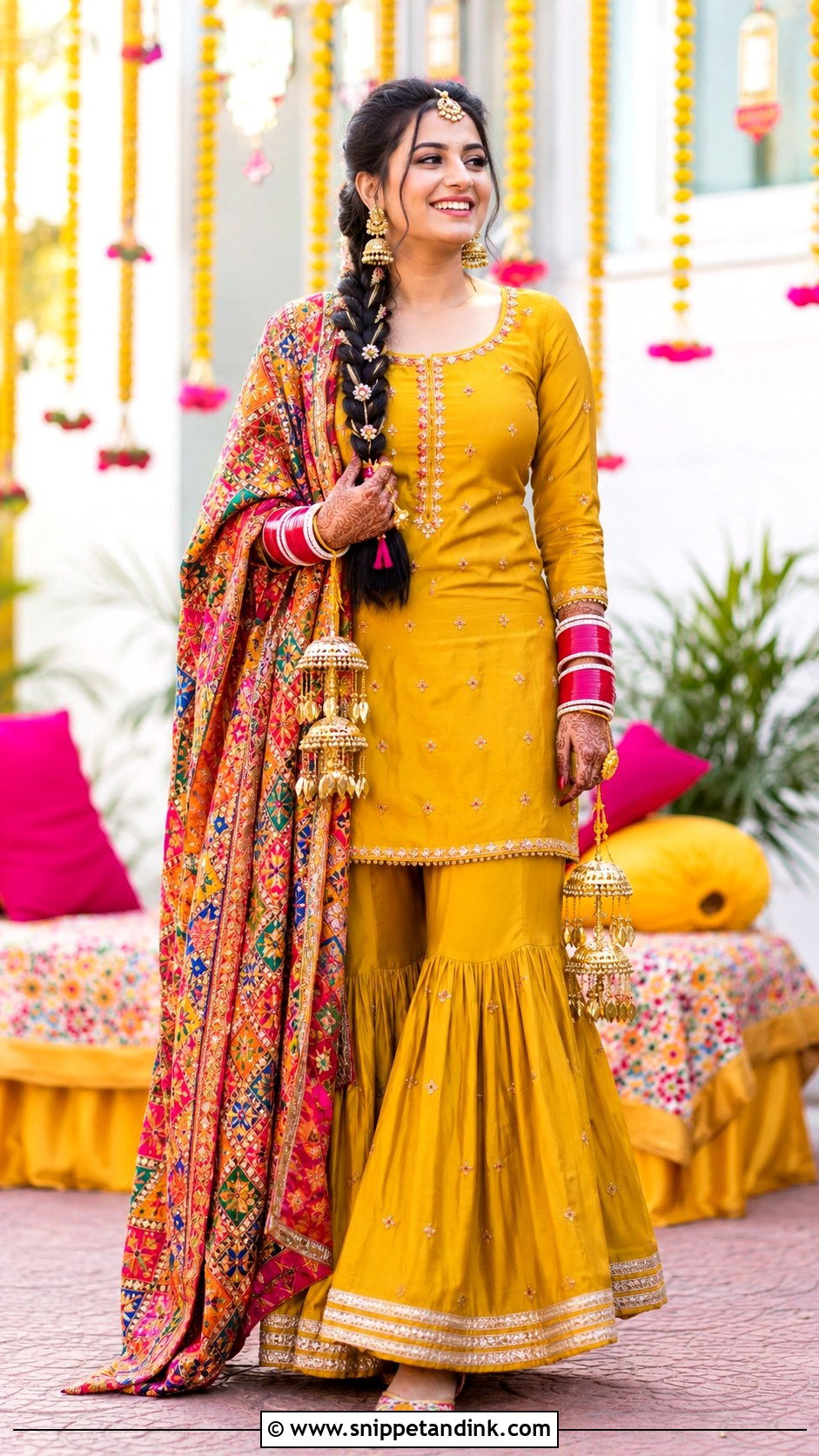 Mustard Phulkari Gharara Chooda Ceremony Outfit - Snippet and Ink - 20 Chooda Ceremony Outfit Ideas