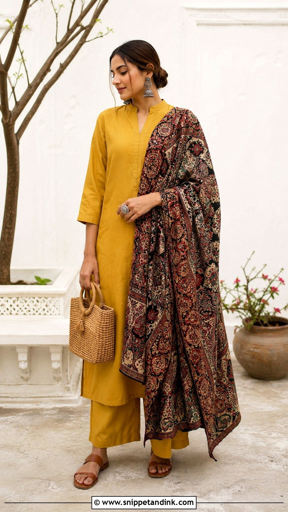 Mustard Plain Suit With Heavy Kalamkari Dupatta - Snippet and Ink - 30 Plain Suit with Heavy Dupatta Ideas