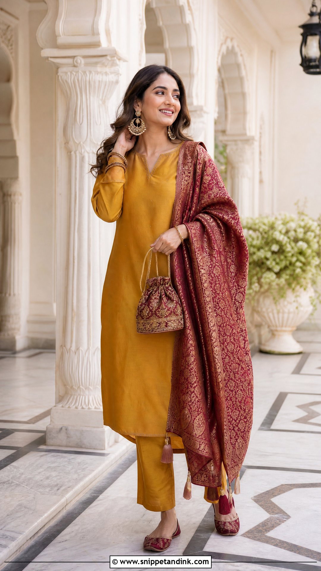 Mustard Plain Suit With Maroon Brocade Dupatta - Snippet and Ink - 20 Plane Suit with Heavy Dupatta Ideas