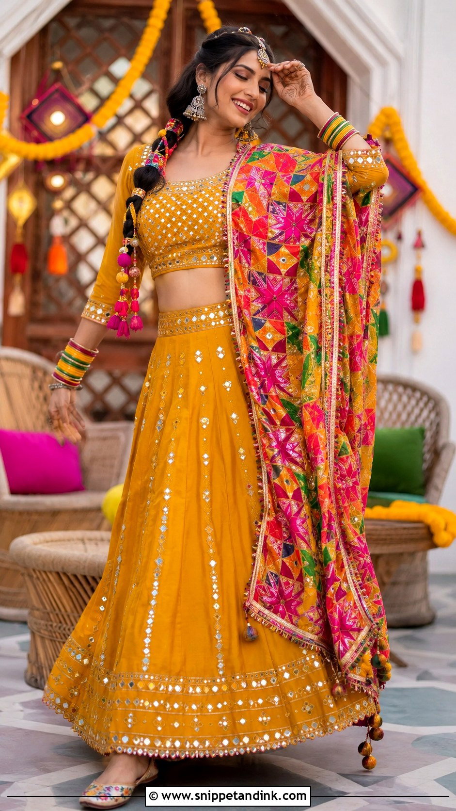 Mustard Punjabi Wedding Lengha With Phulkari Dupatta - Snippet and Ink - 25 Punjabi Wedding Lengha Ideas