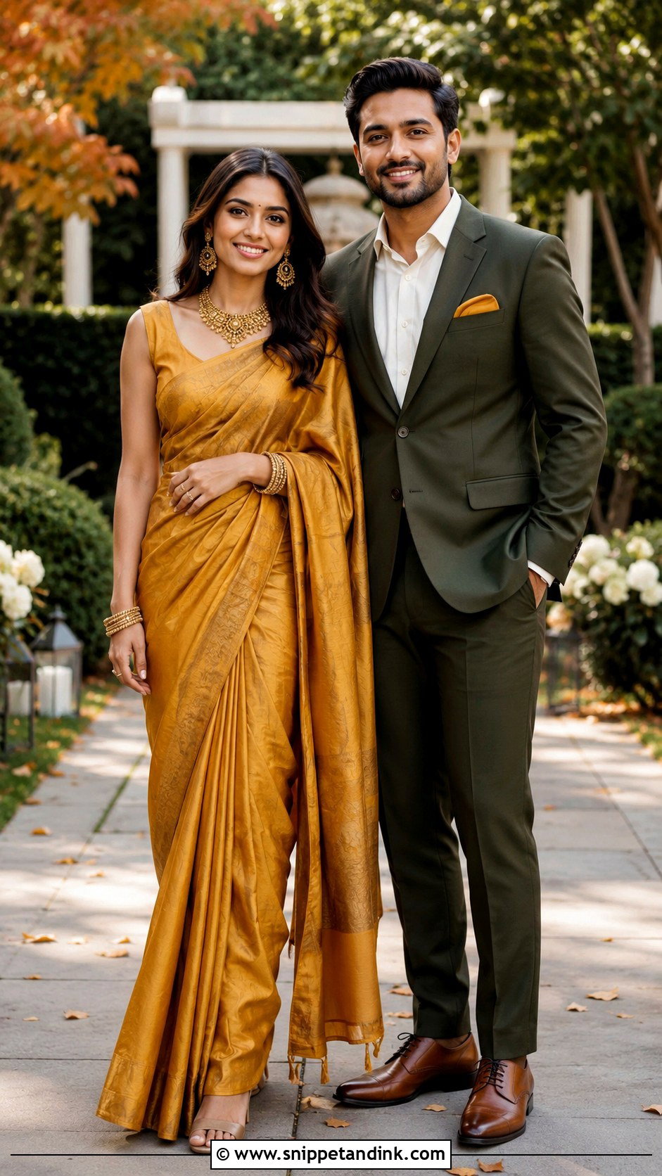 Mustard Saree And Olive Suit Wedding Outfit - Snippet and Ink - 25 Couple Contrast Outfits for Wedding