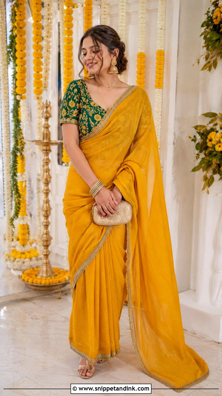 Mustard Saree for Mehendi Function - Snippet and Ink - 25 Outfit for Mehendi Function Ideas