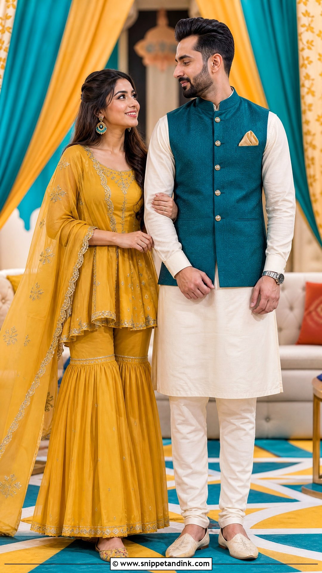 Mustard Sharara And Teal Nehru Jacket Sangeet Couple Outfit - Snippet and Ink - 25 Sangeet Couple Outfits