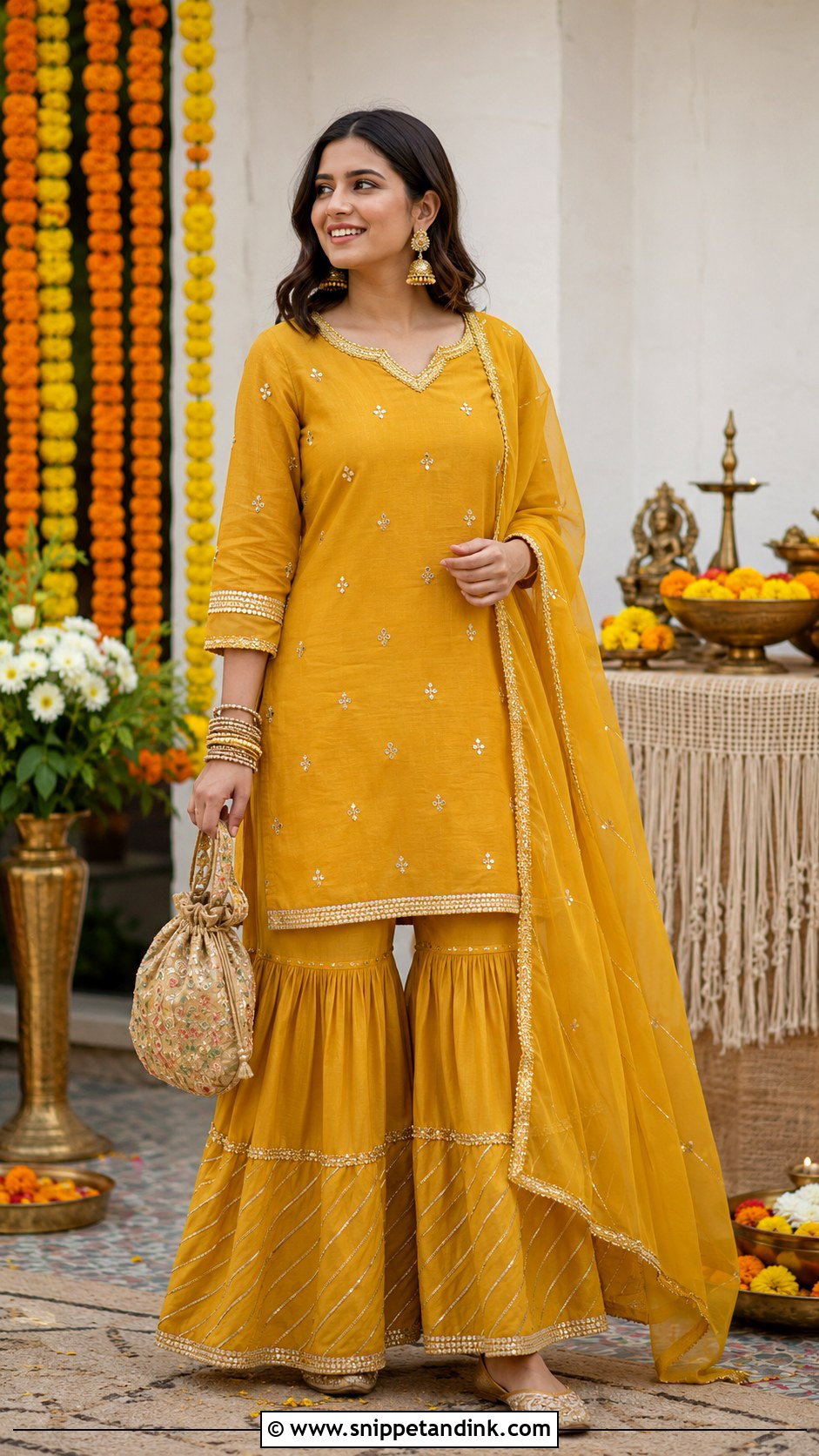 Mustard Sharara Grah Shanti Outfit - Snippet and Ink - 20 Grah Shanti Outfit Ideas