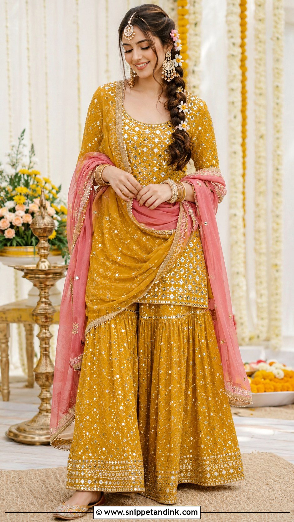 Mustard Sharara Mata Poojan Look - Snippet and Ink - 20 Mata Poojan Look for Bride Ideas