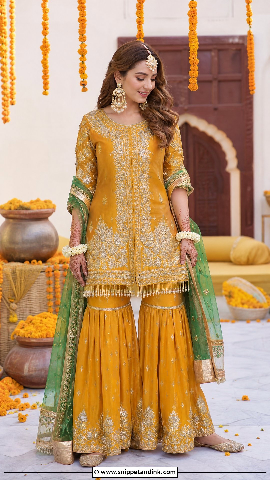 Mustard Sharara Mehndi Outfit - Snippet and Ink - 25 Mehndi Function Dress Outfit for Bride Ideas