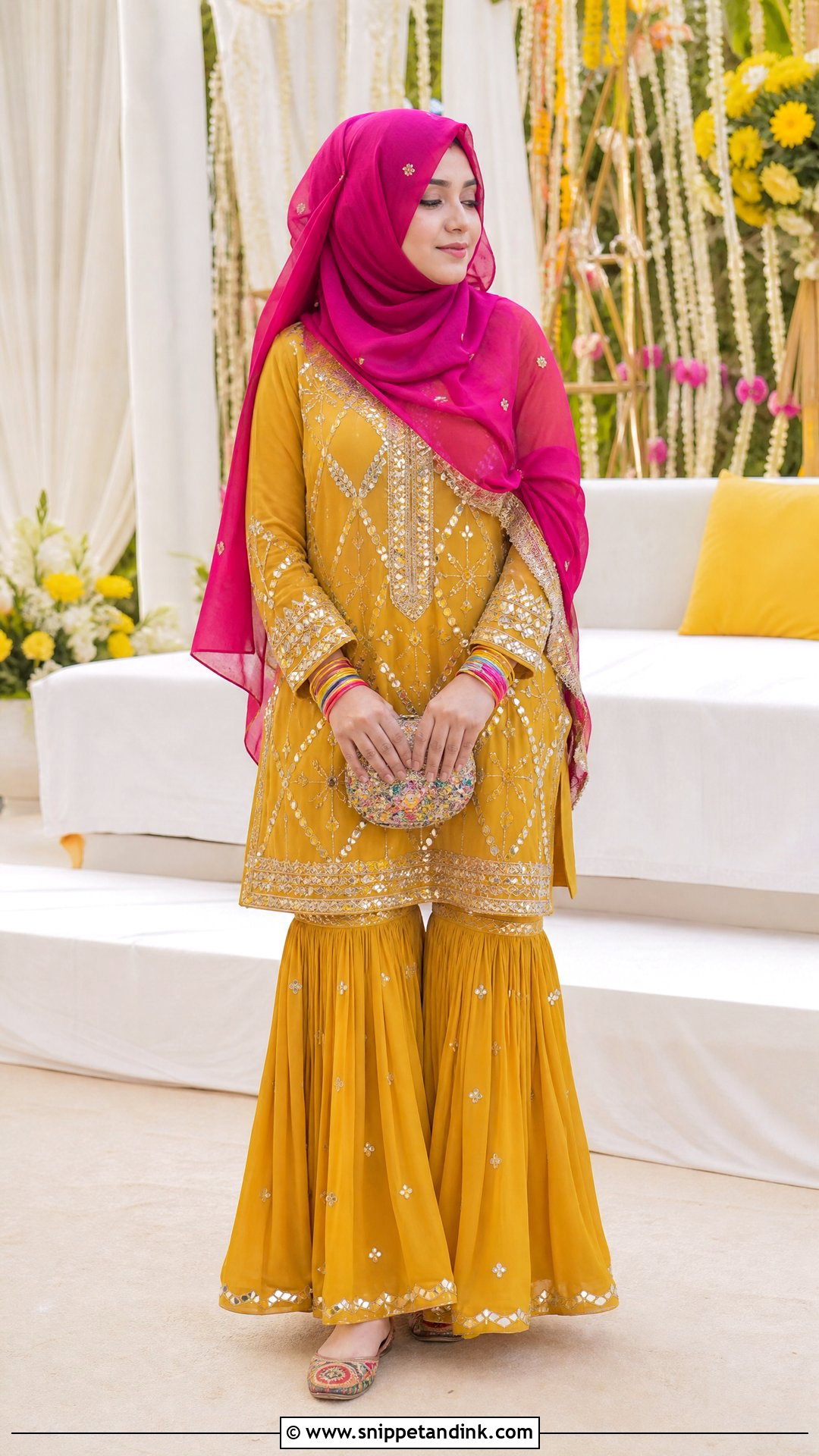 Mustard Sharara With Pink Hijab - Snippet and Ink - 20 Pakistani Hijab for Wedding Party Ideas