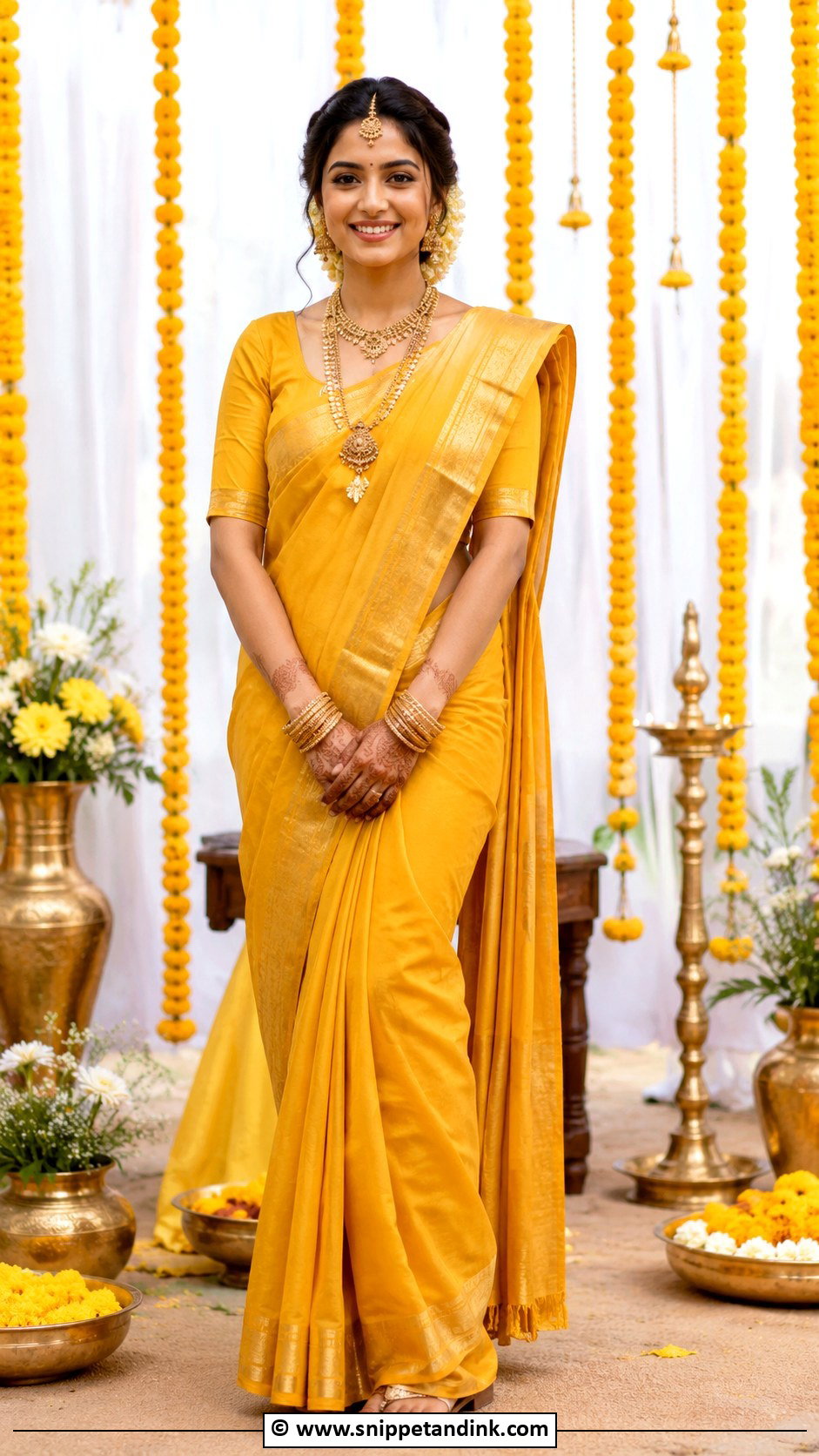 Mustard Silk Saree for Haldi Bride - Snippet and Ink - 30 Unique Haldi Outfits for Bride