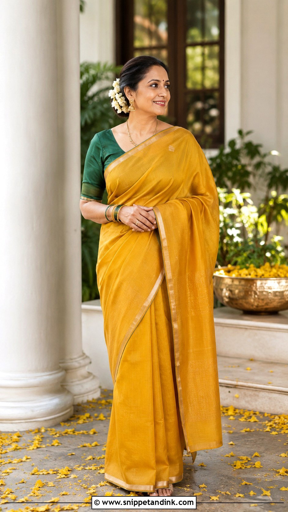 Mustard Silk Saree for Haldi - Snippet and Ink - 20 Haldi Theme Dress Ideas