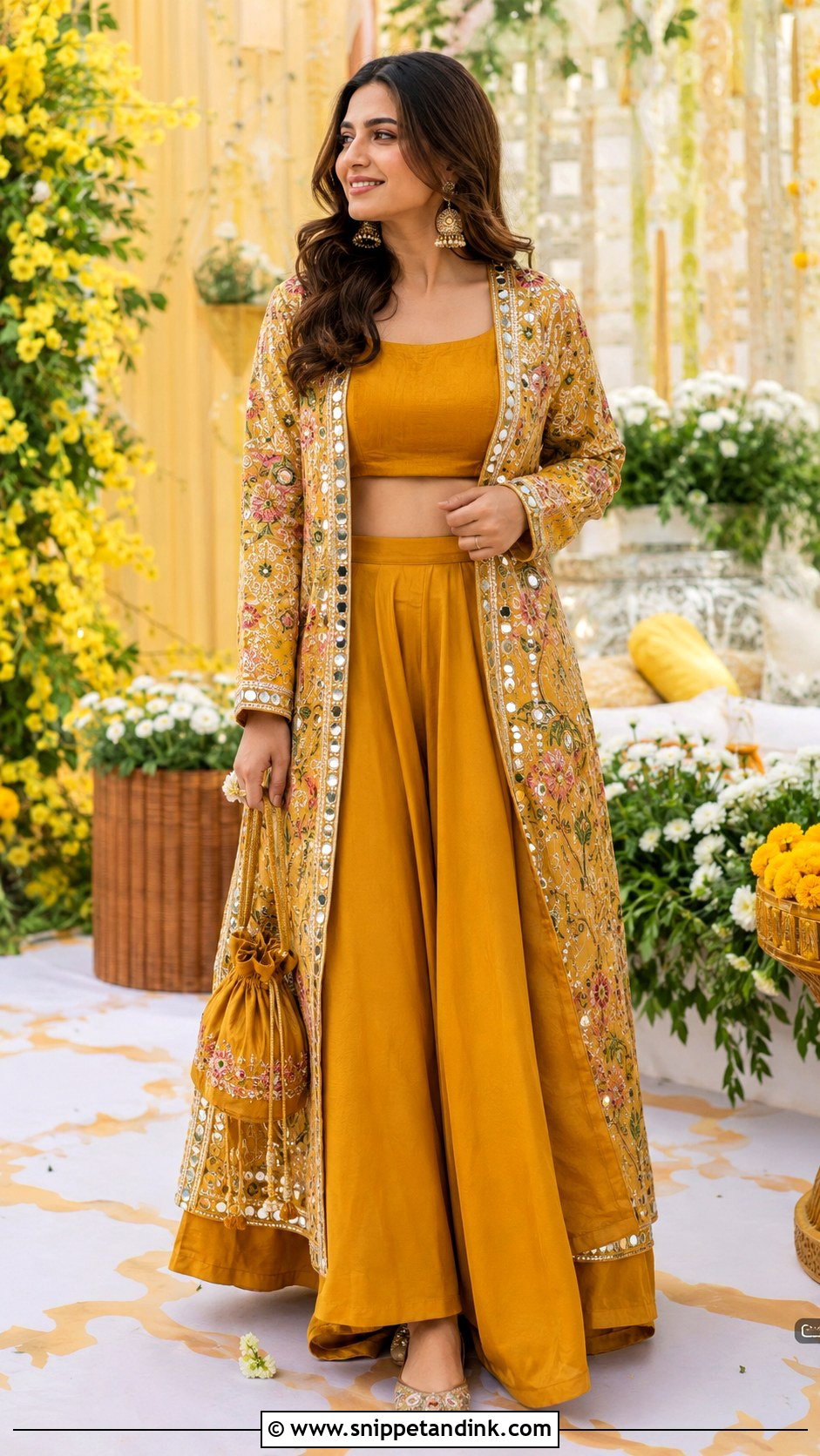 Mustard Skirt With Long Embroidered Jacket For Mehndi Night - Snippet and Ink - 20 Mehndi Night Outfit Ideas