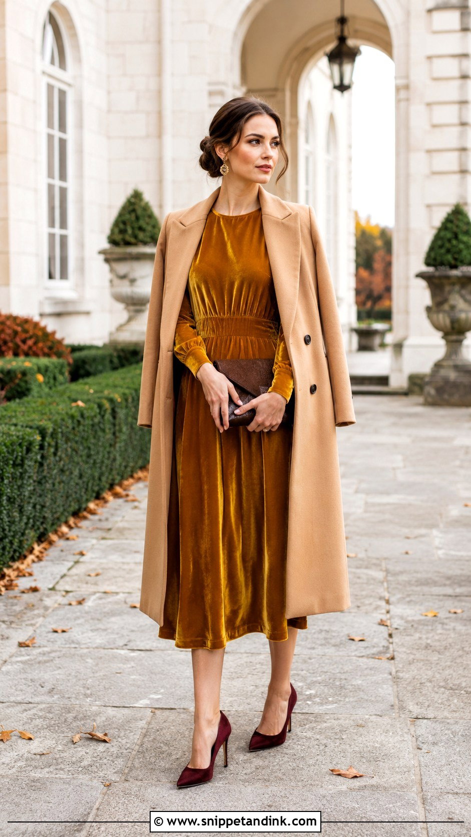 Mustard Velvet Midi Dress With Burgundy Pumps - Snippet and Ink - 20 Mustard Dress Wedding Outfit Ideas