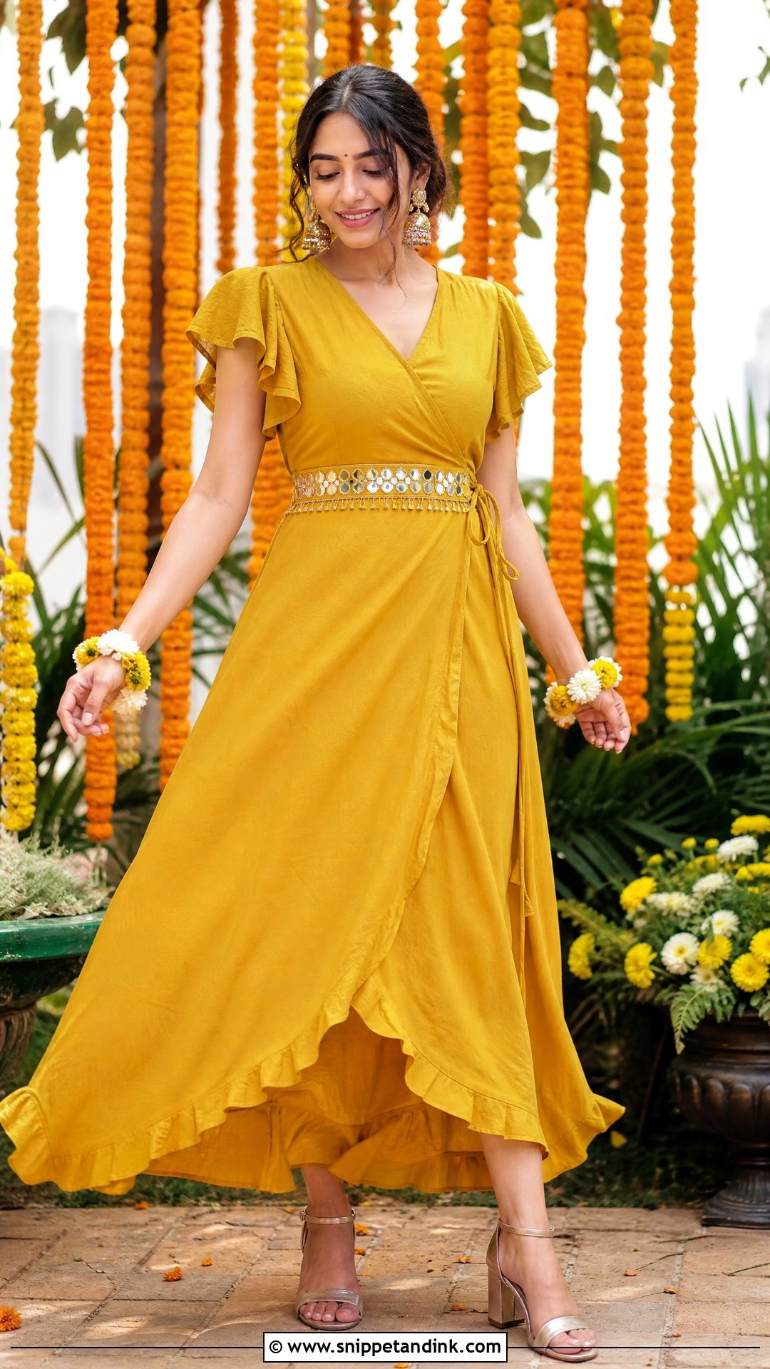 Mustard Wrap Dress With Embroidered Belt - Snippet and Ink - 20 Western Pithi Outfit Brides Ideas