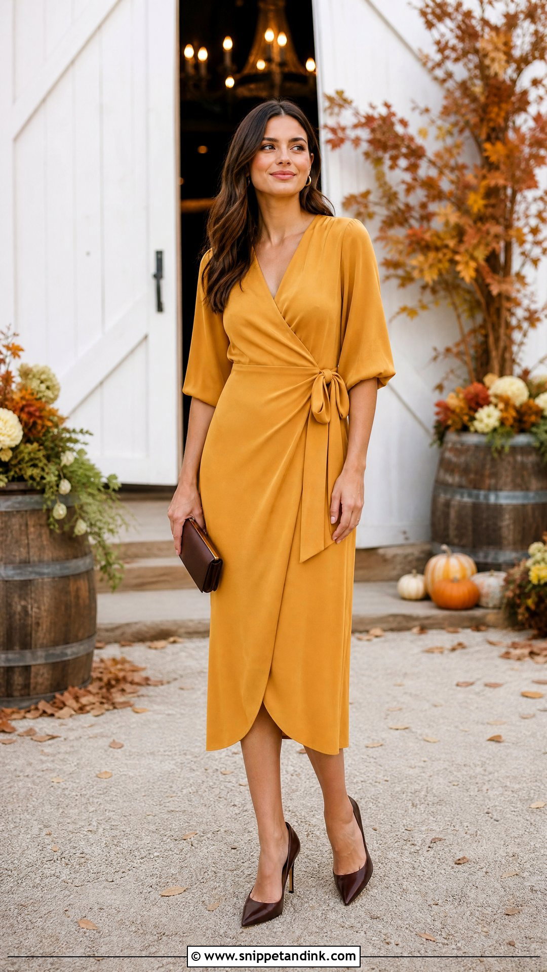 Mustard Wrap Fall Bridesmaid Midi Dress - Snippet and Ink - 20 Fall Wedding Party Attire Ideas