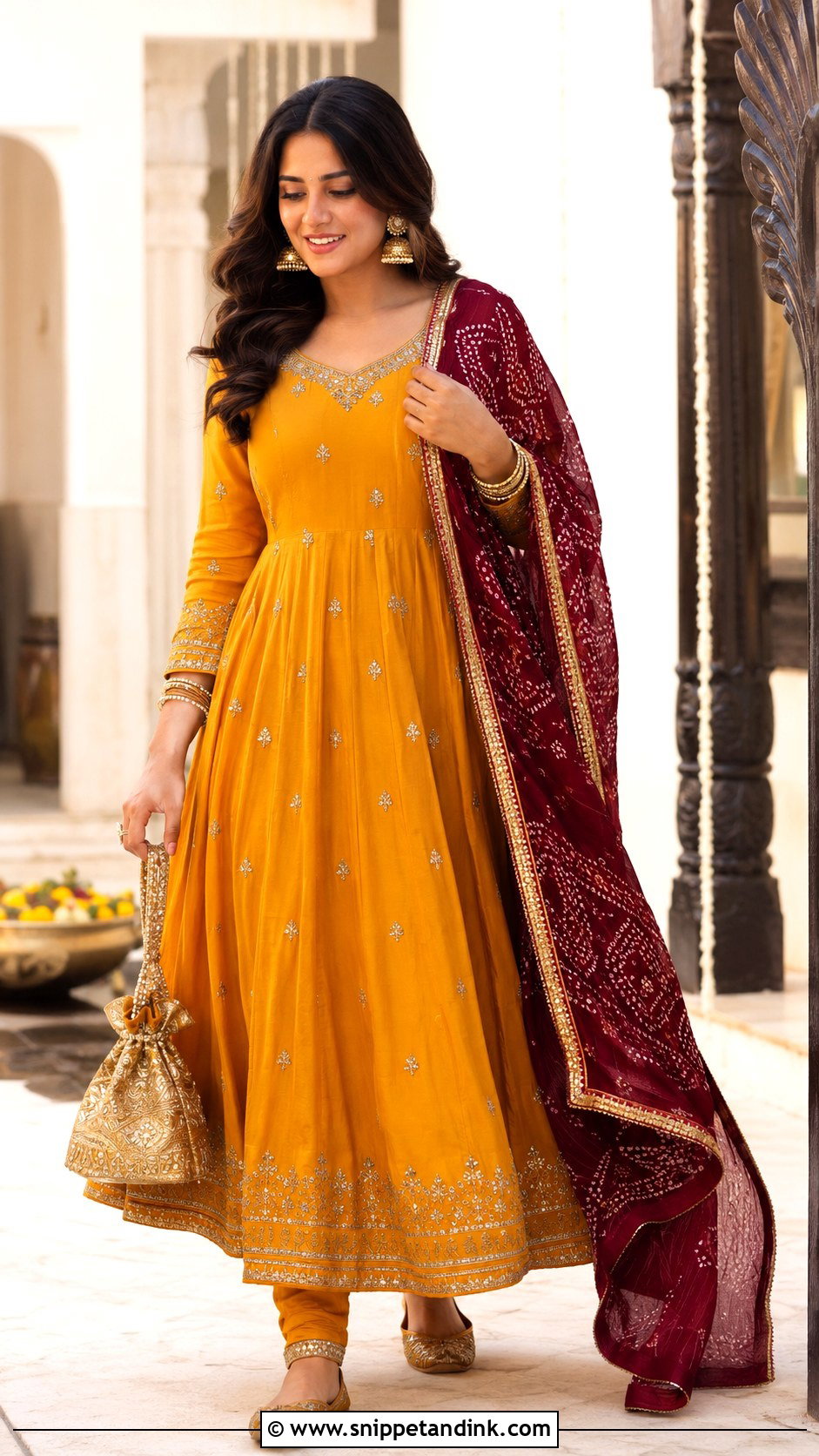 Mustard Yellow Anarkali With Maroon Dupatta - Snippet and Ink - 20 Maroon Dupatta Combination Ideas
