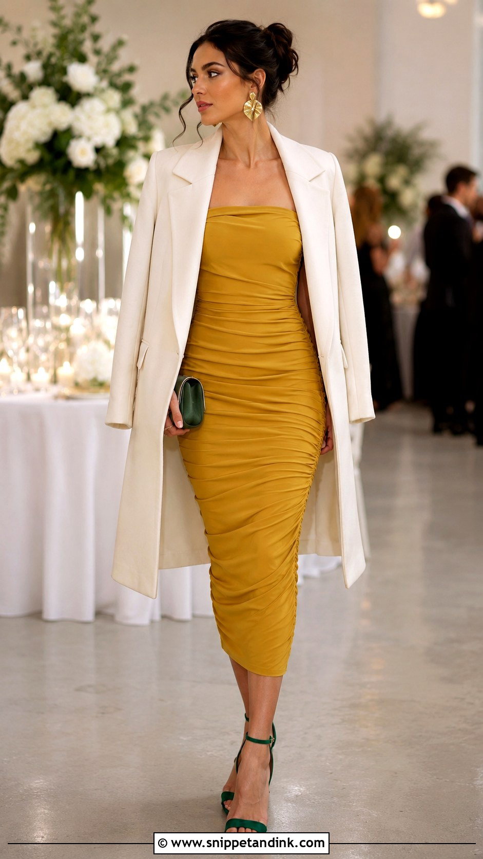 Mustard Yellow Bodycon Midi Dress Wedding Outfit - Snippet and Ink - 20 Mustard Yellow Dress Outfit Wedding Ideas